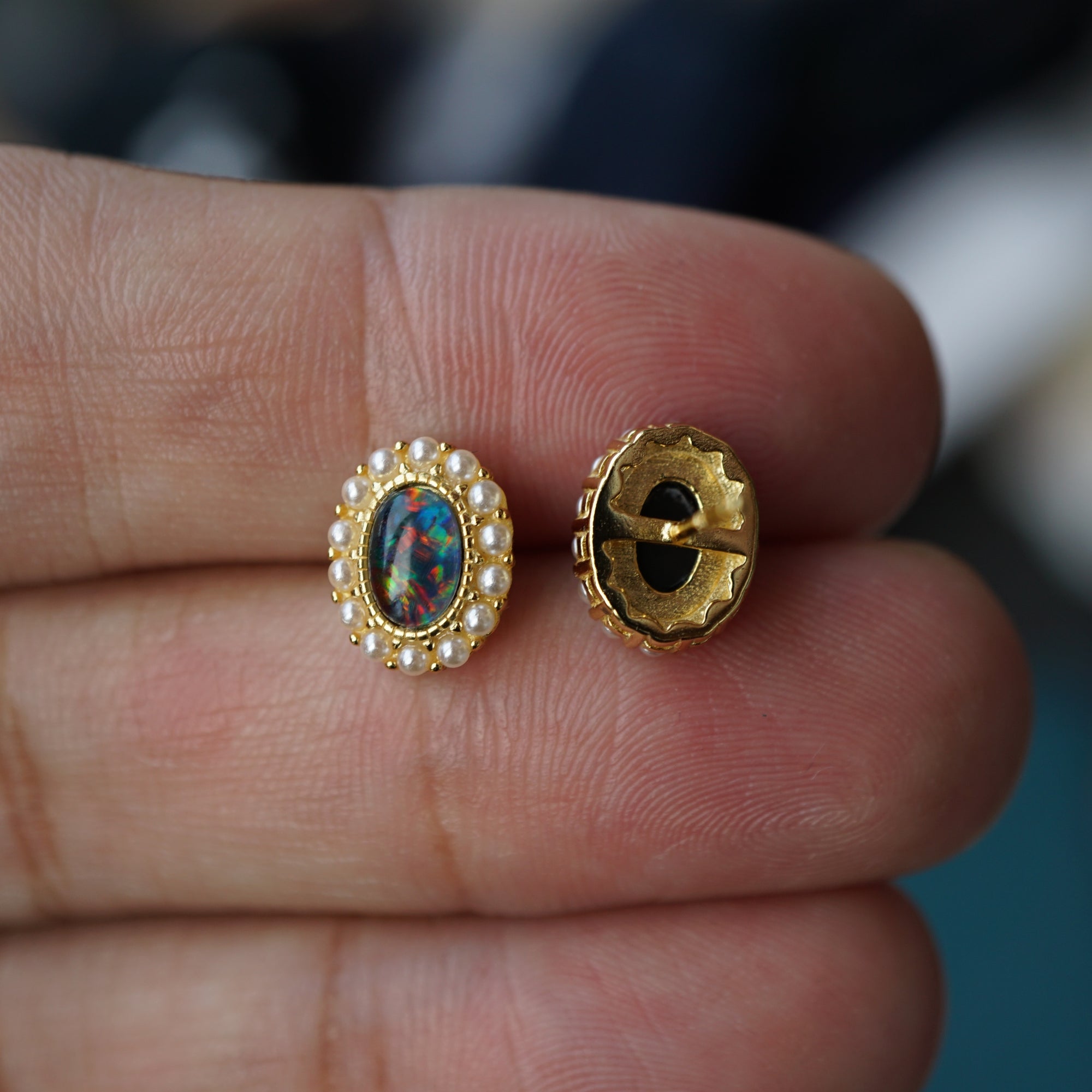 Rainbow Vintage Gold Triplet Opal Stud Earrings - Timeless Elegance