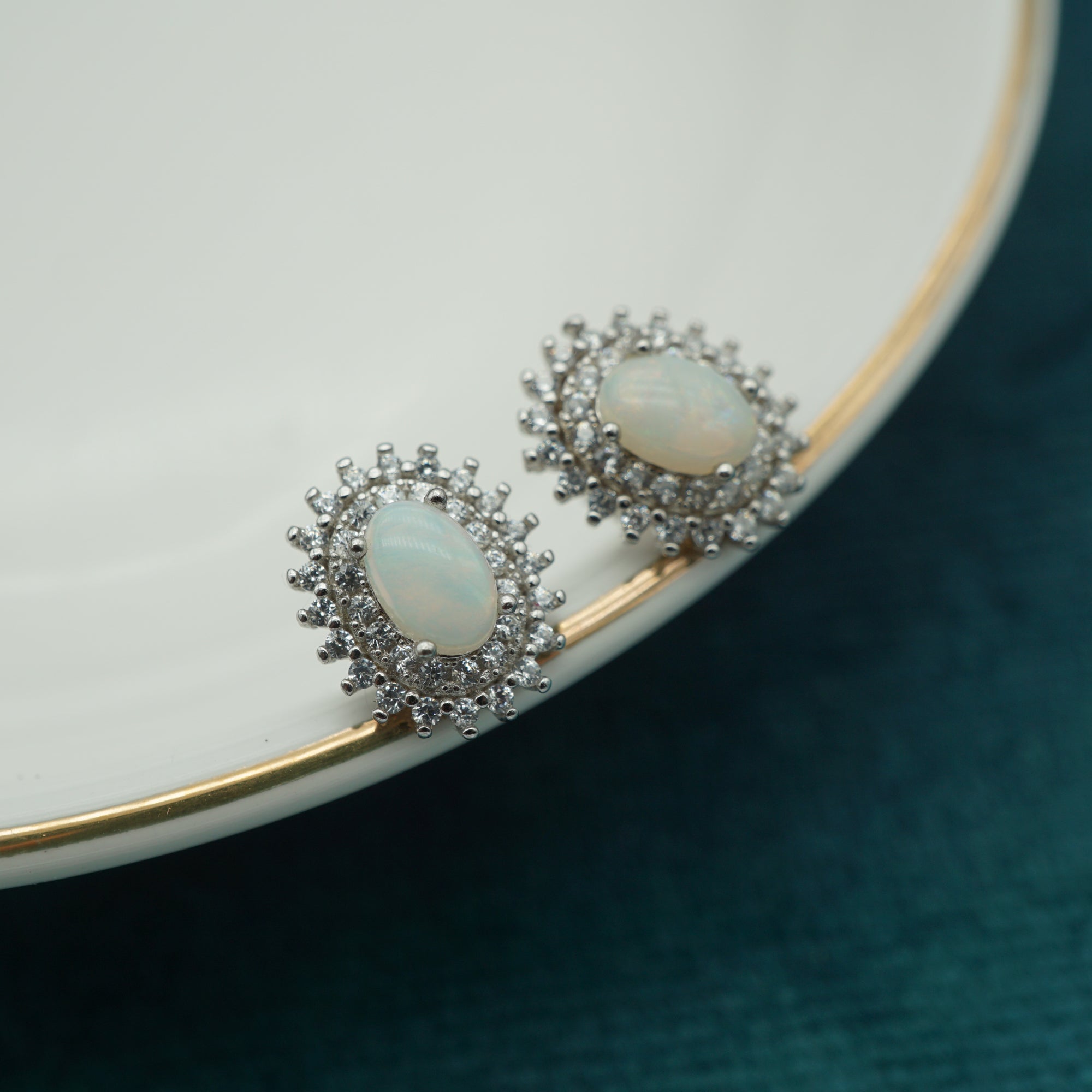 Dainty Halo Silver Opal Earrings