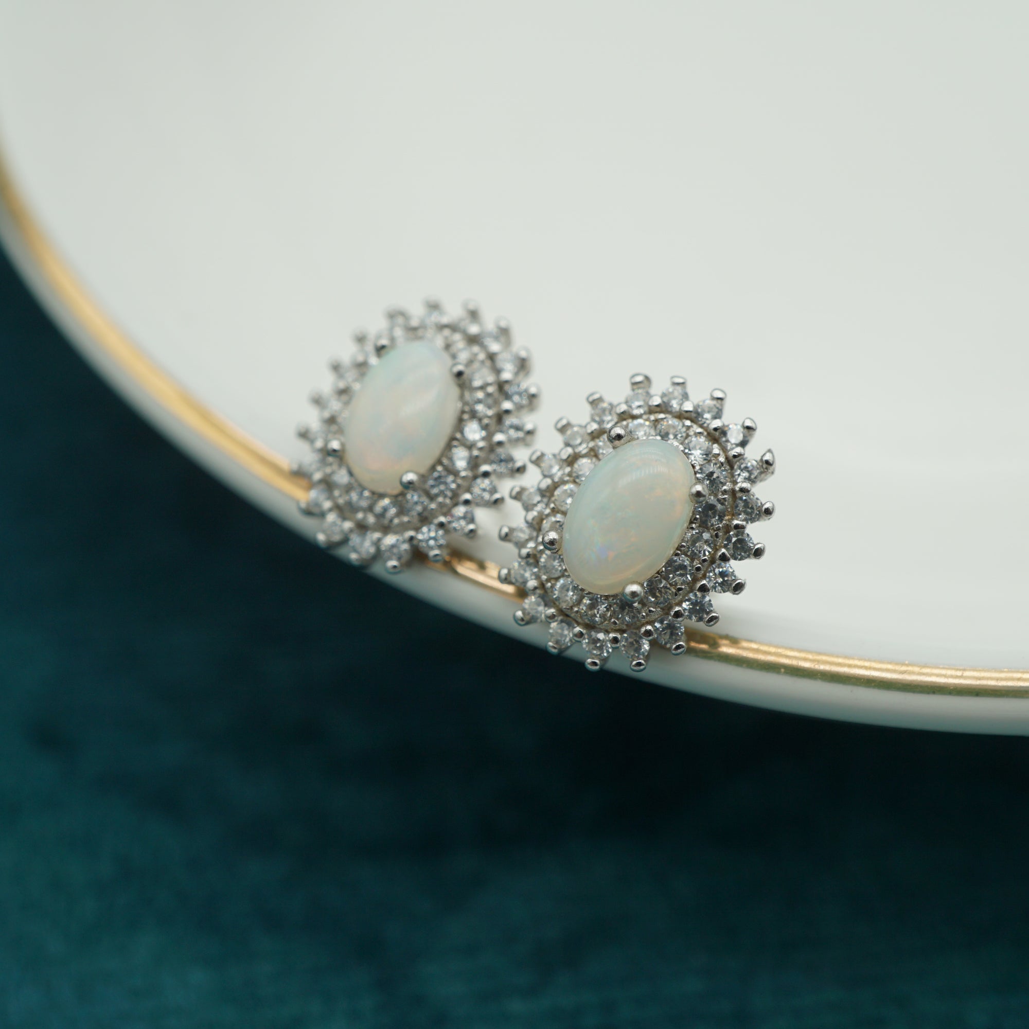 Dainty Halo Silver Opal Earrings