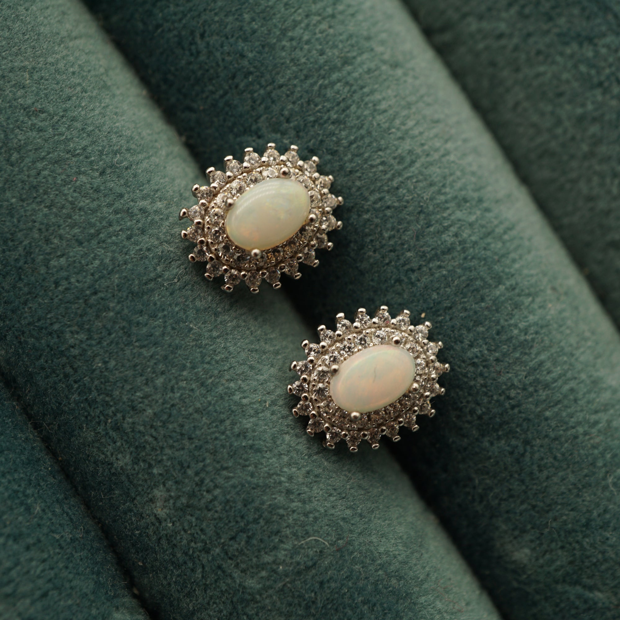 Dainty Halo Silver Opal Earrings