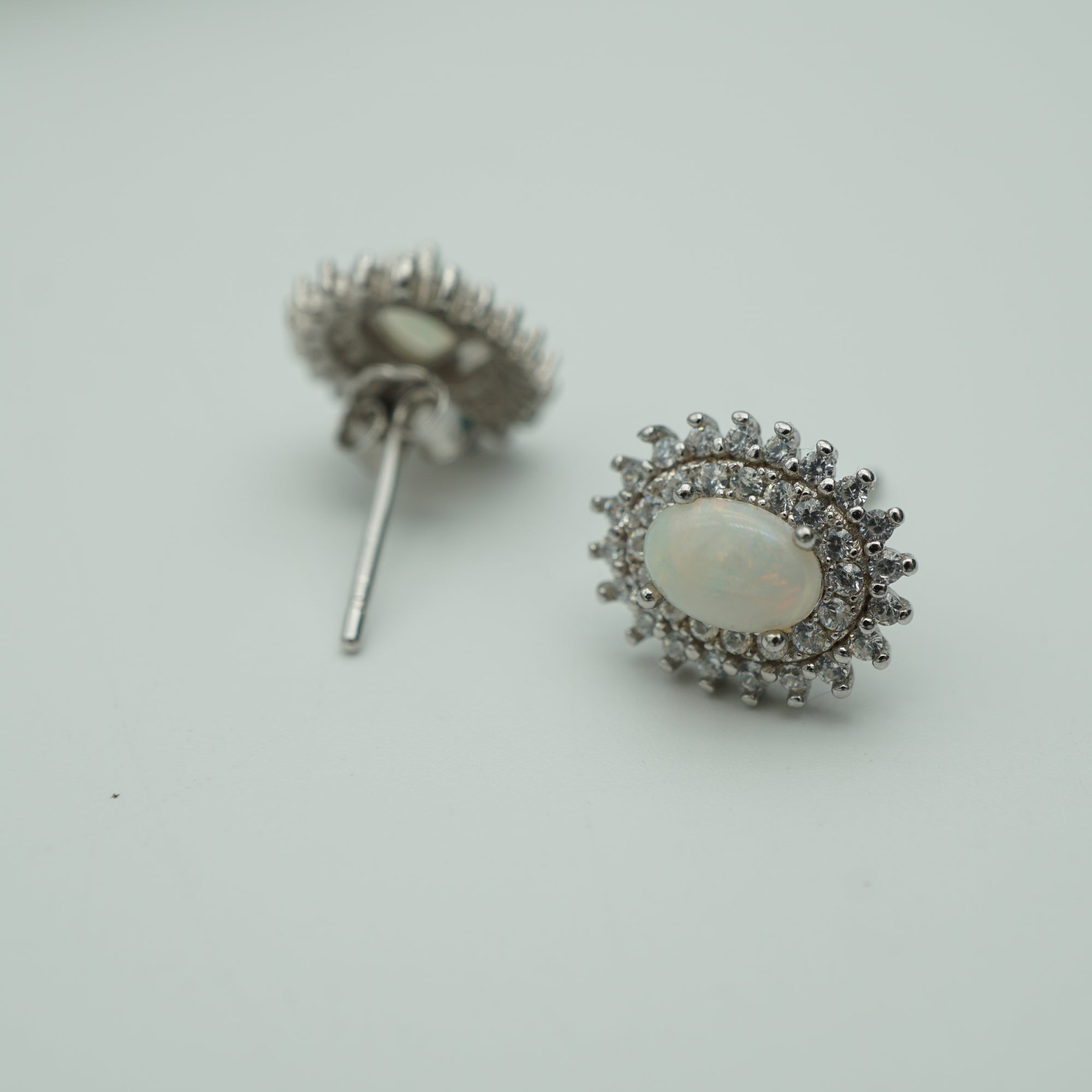 Dainty Halo Silver Opal Earrings