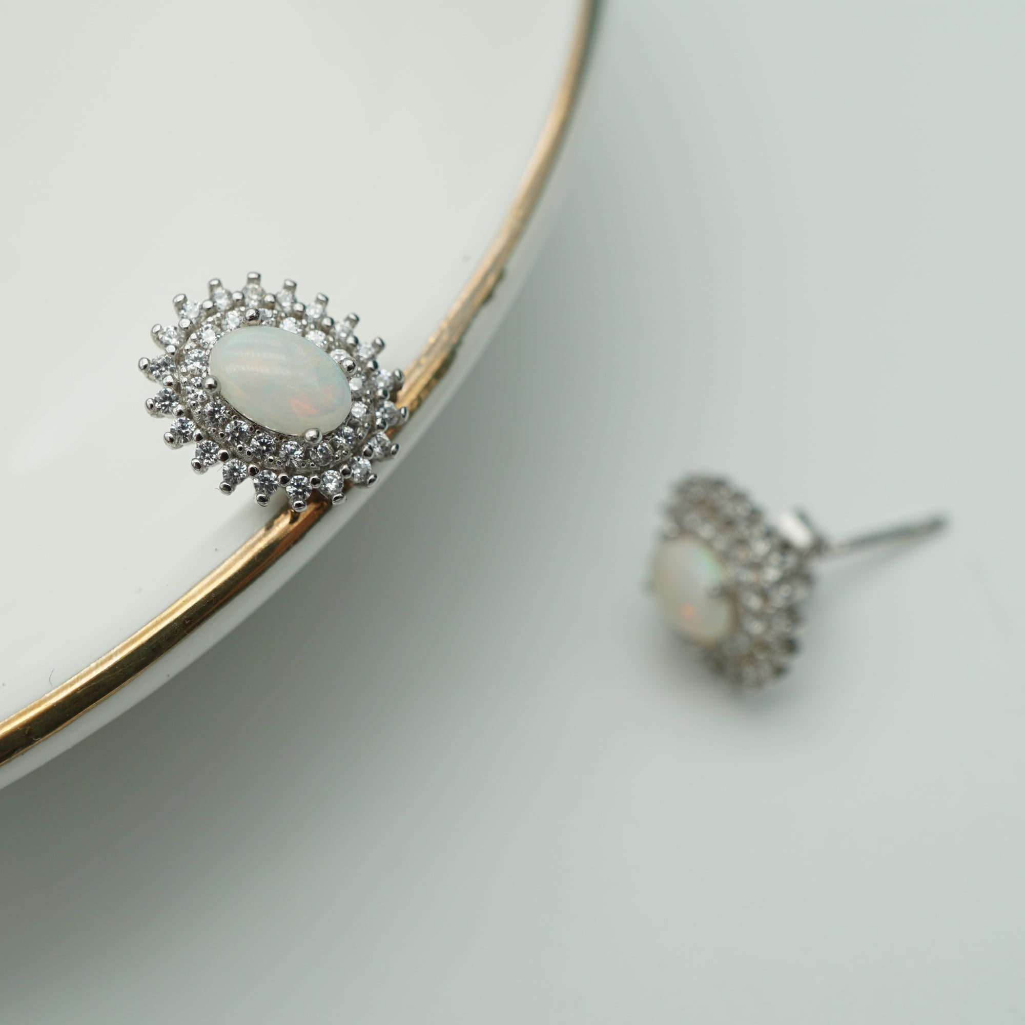 Dainty Halo Silver Opal Earrings