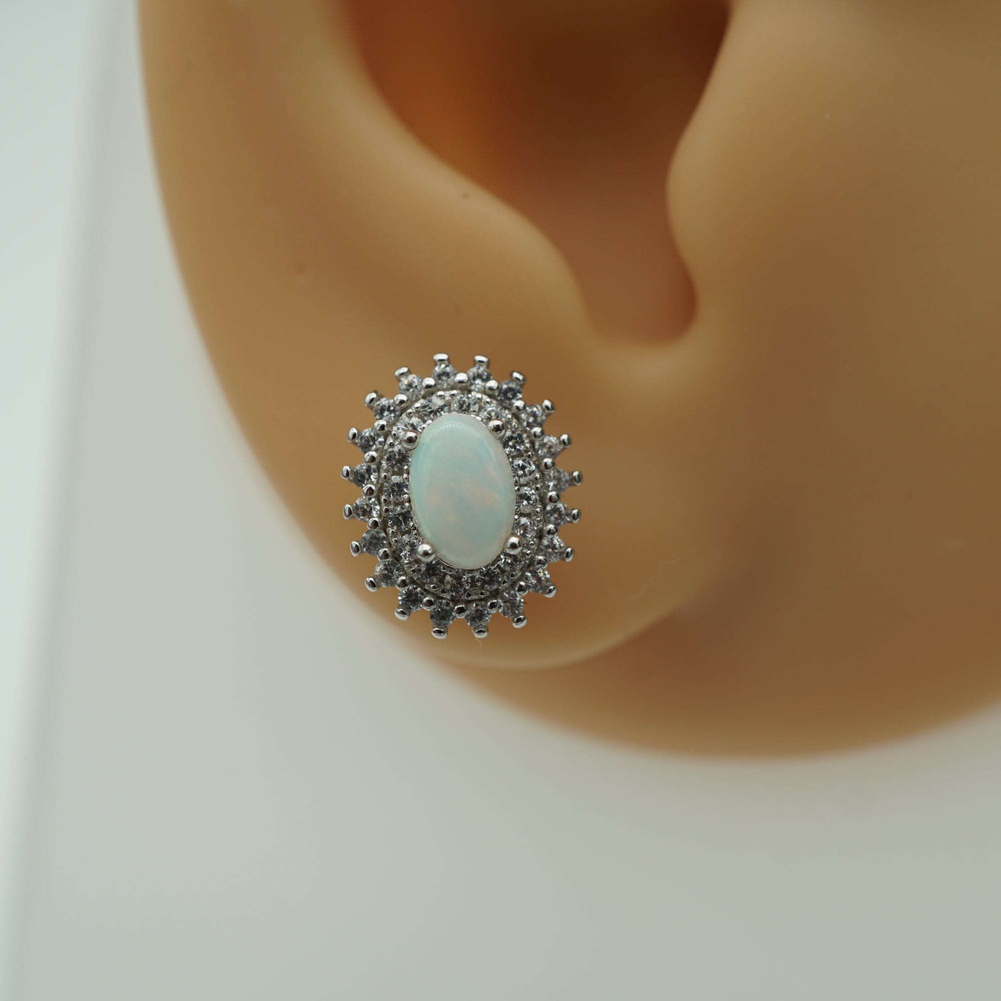 Dainty Halo Silver Opal Earrings