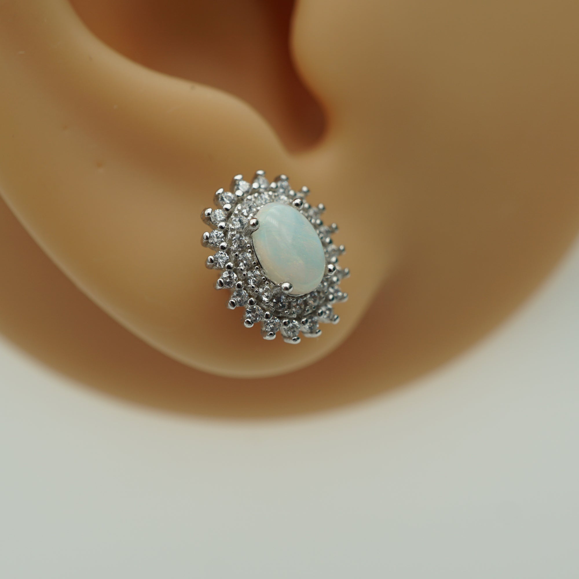 Dainty Halo Silver Opal Earrings