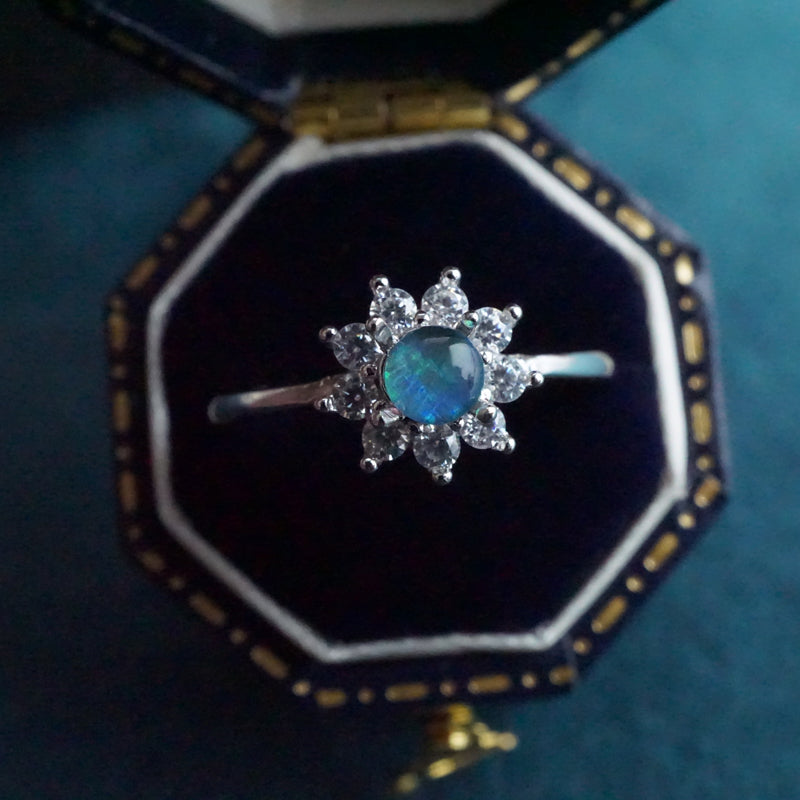 Dainty Australian Opal Ring: Sterling Silver Elegance-Vsabel Jewellery