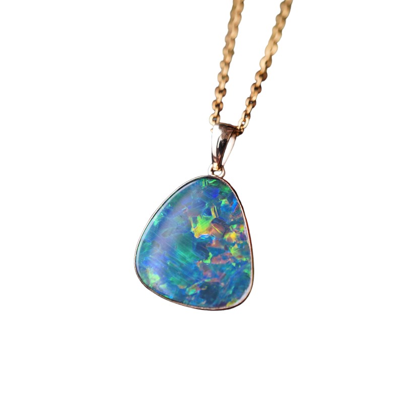 Luxurious 14K Gold Opal Pendant: Vibrant Blue, Green & Yellow Hues-Vsabel Jewellery