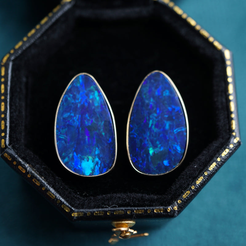Big Opal Doublet Earring Studs - 14K Solid Gold-Vsabel Jewellery