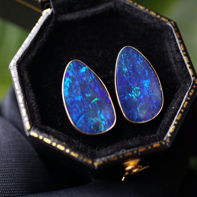 Big Opal Doublet Earring Studs - 14K Solid Gold-Vsabel Jewellery