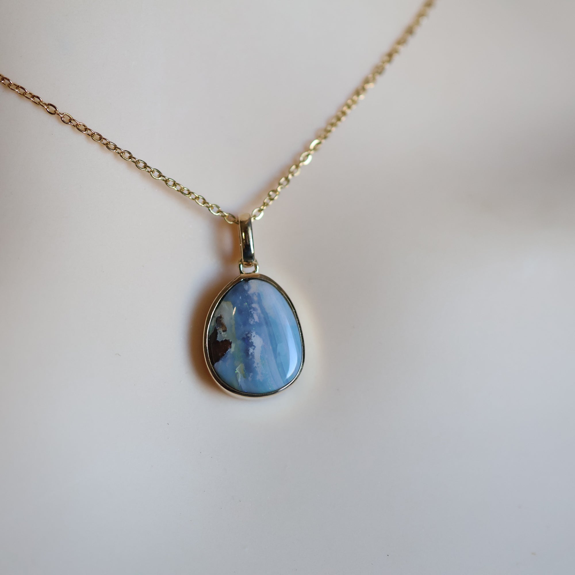 14k Gold Baby Blue Boulder Opal Pendant
