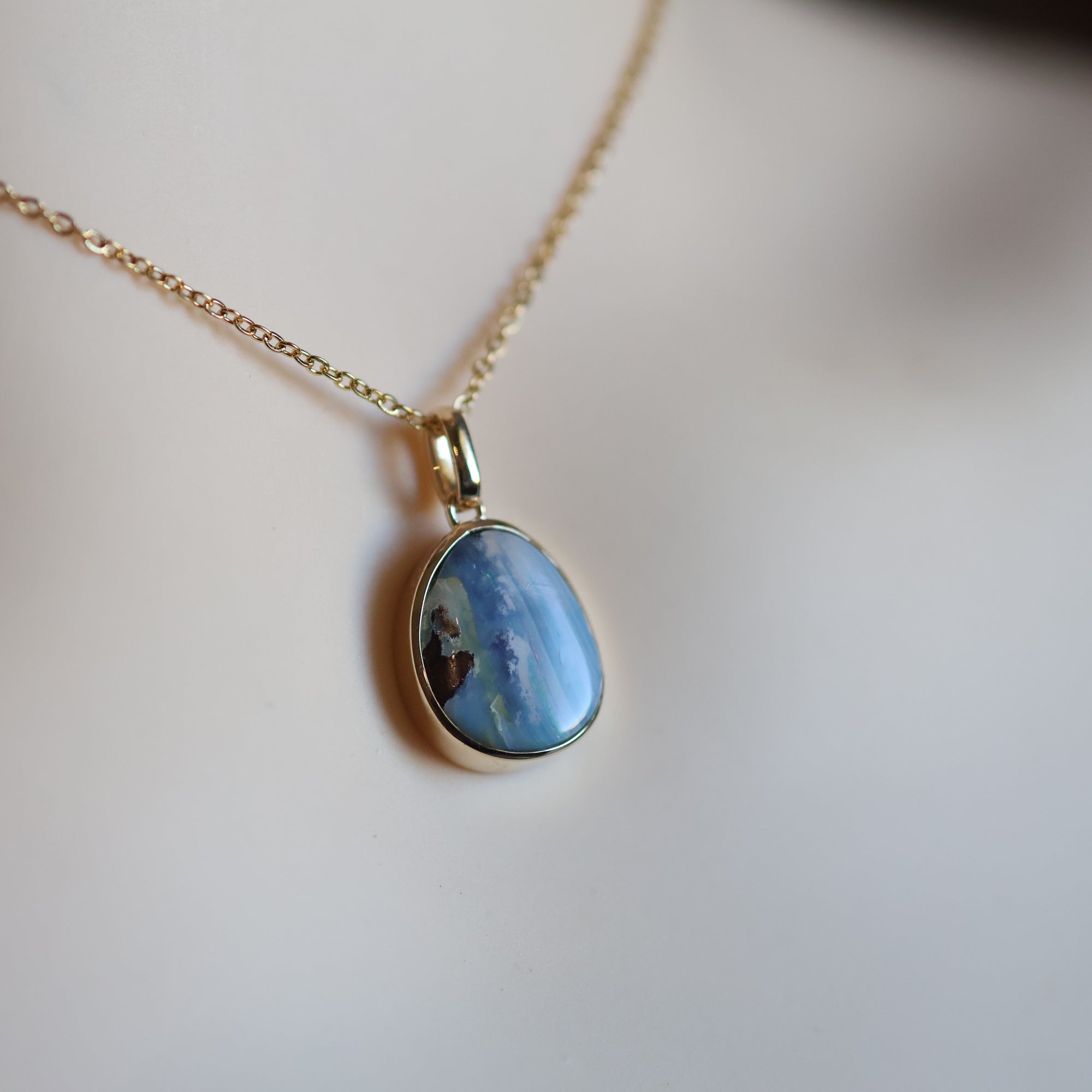 14k Gold Baby Blue Boulder Opal Pendant