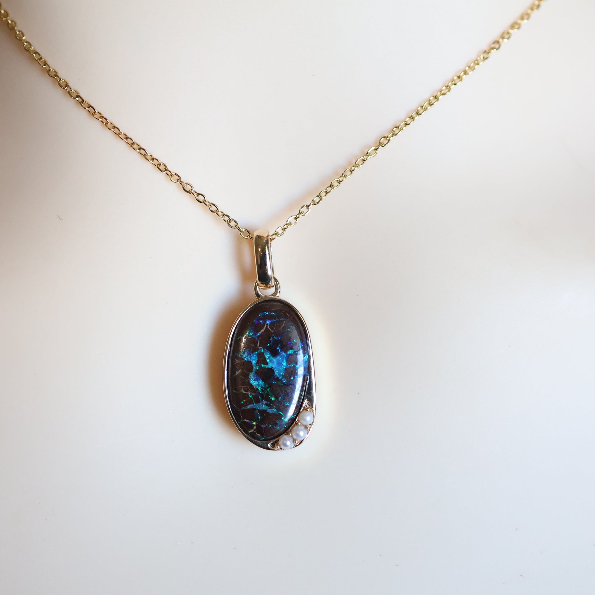 14k Gold Blue-Black Boulder Opal & Pearl Pendant