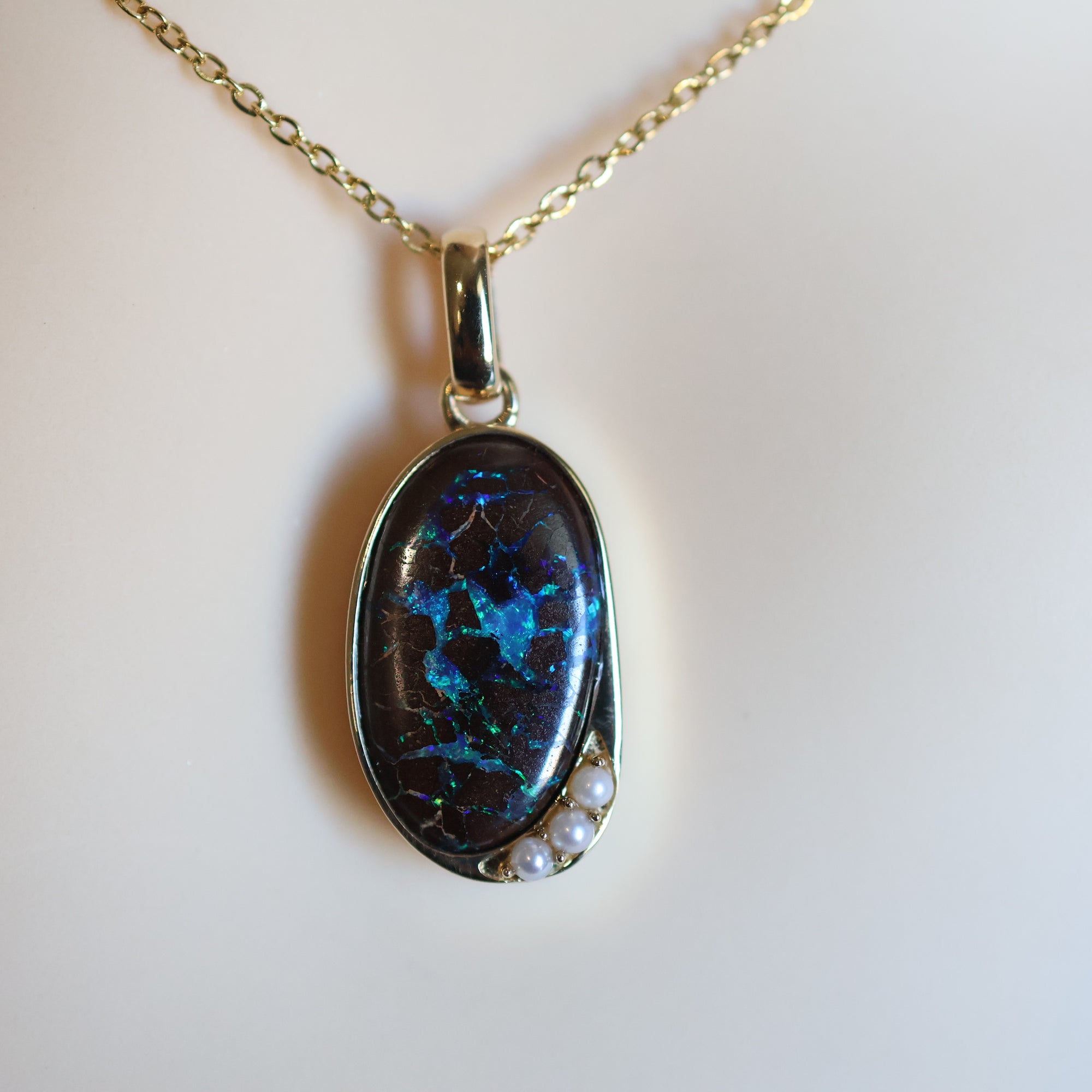 14k Gold Blue-Black Boulder Opal & Pearl Pendant