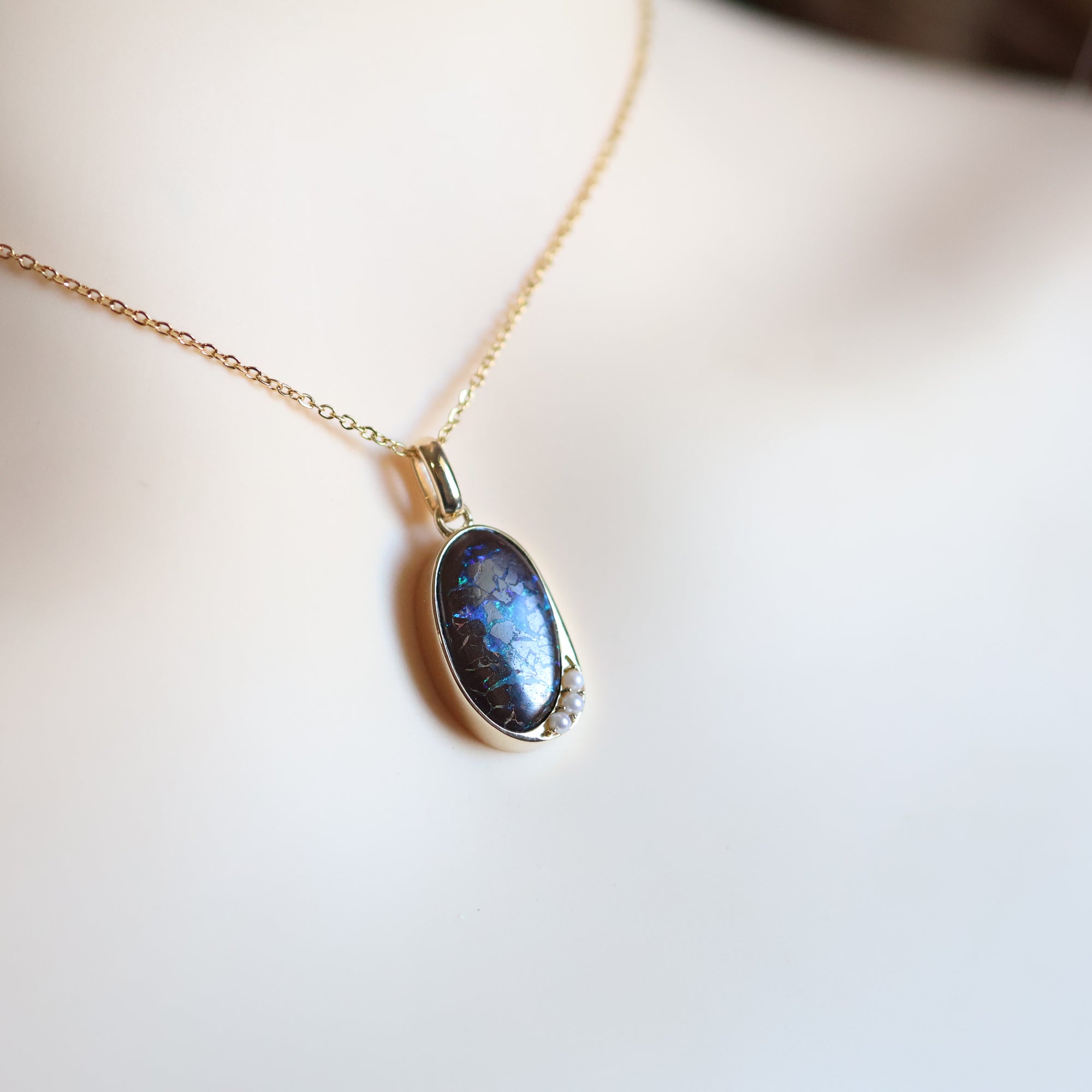 14k Gold Blue-Black Boulder Opal & Pearl Pendant