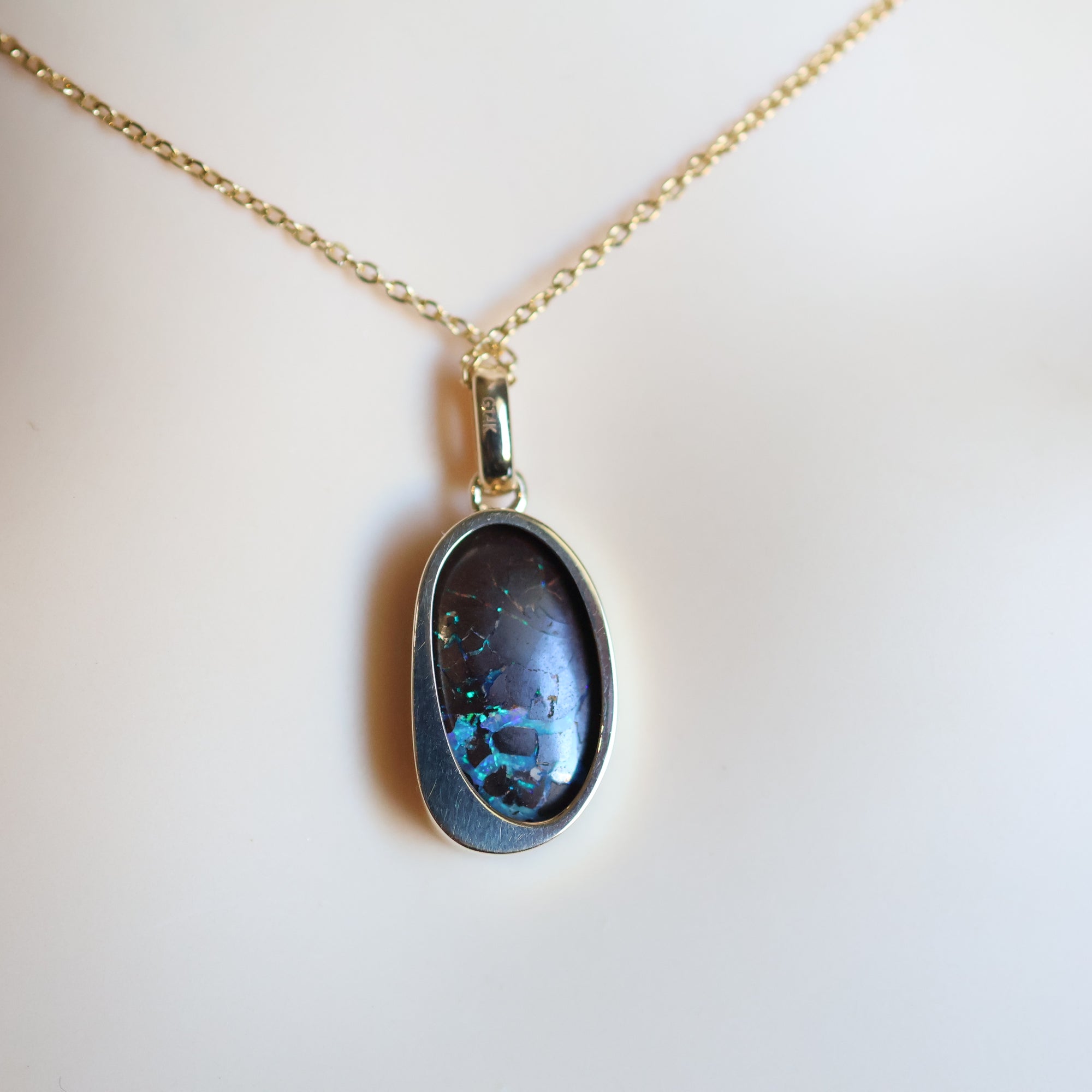 14k Gold Blue-Black Boulder Opal & Pearl Pendant