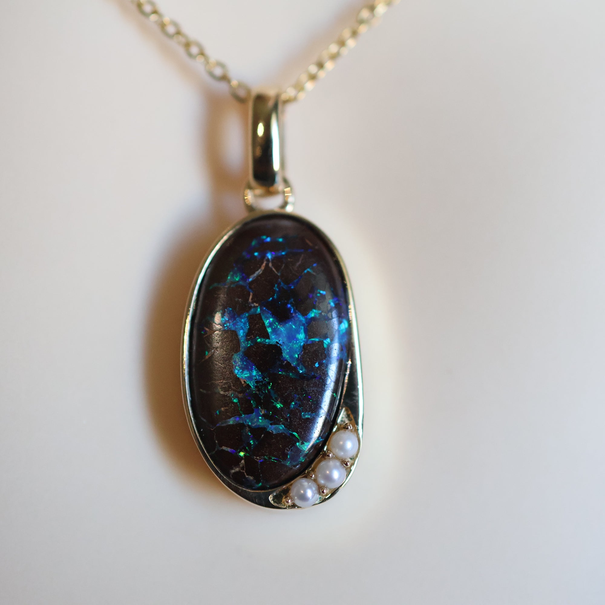 14k Gold Blue-Black Boulder Opal & Pearl Pendant
