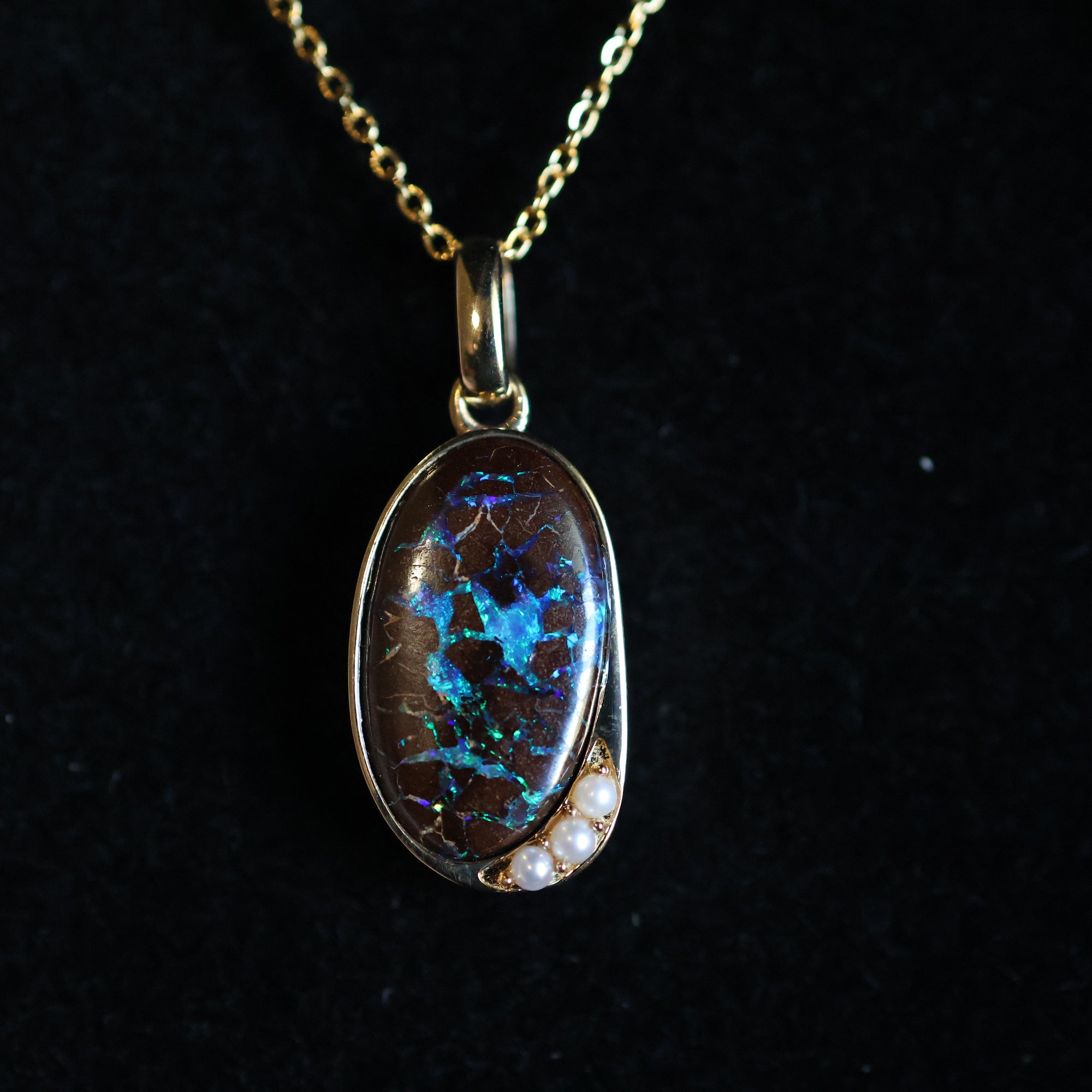 14k Gold Blue-Black Boulder Opal & Pearl Pendant