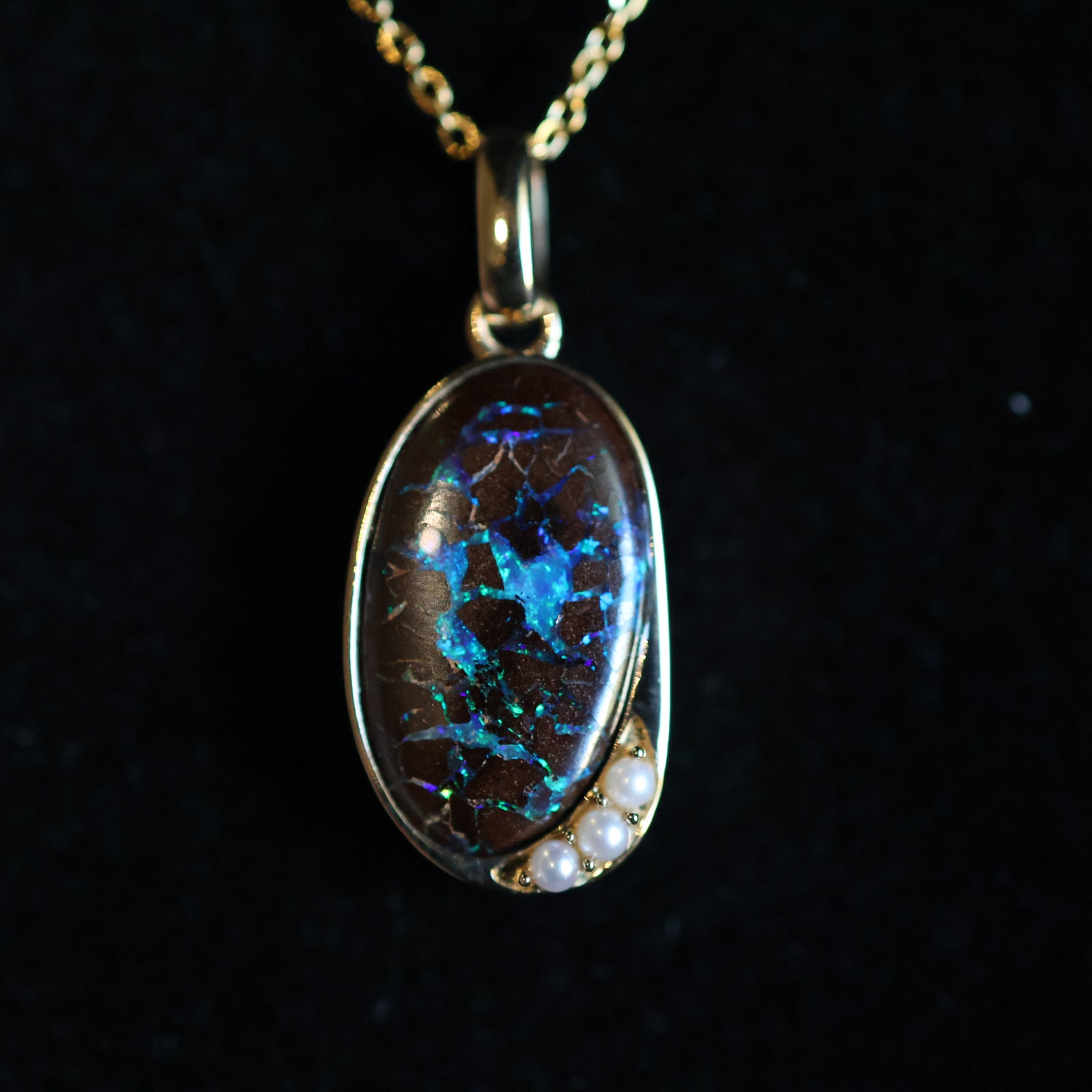 14k Gold Blue-Black Boulder Opal & Pearl Pendant
