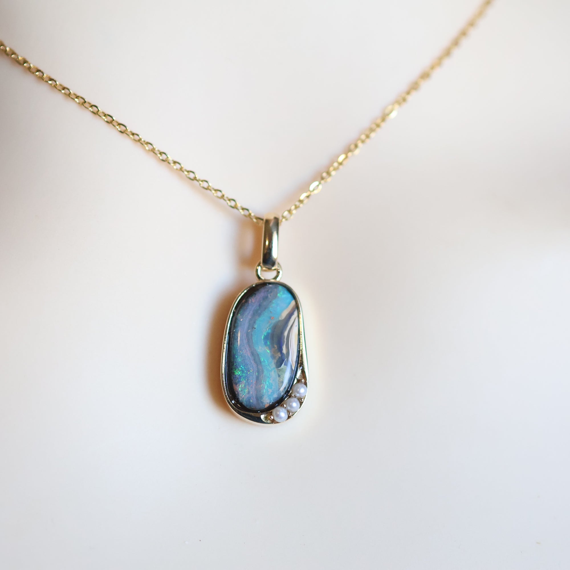 14k Gold River Flow Bluish Violet Boulder Opal & Pearl Pendant
