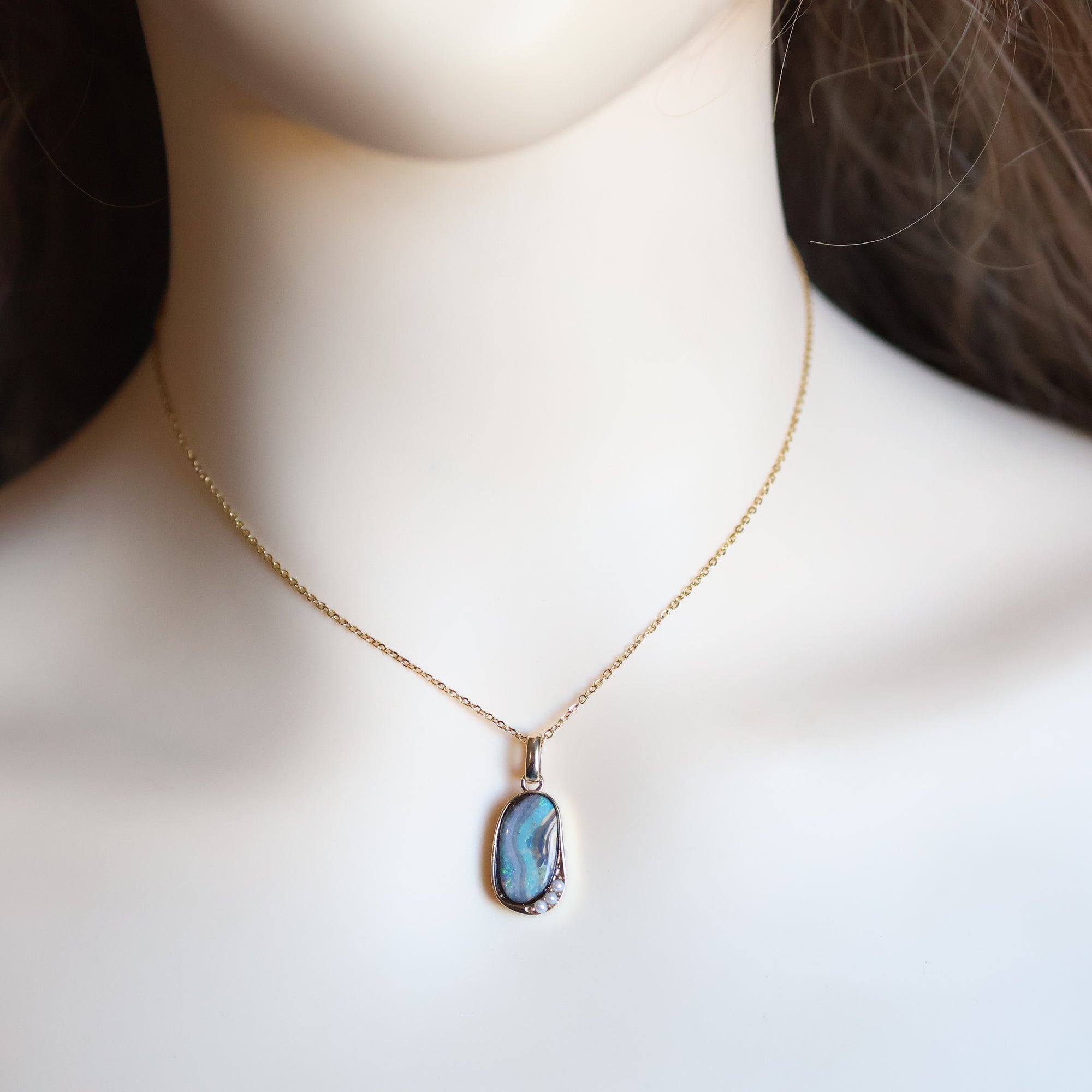 14k Gold River Flow Bluish Violet Boulder Opal & Pearl Pendant