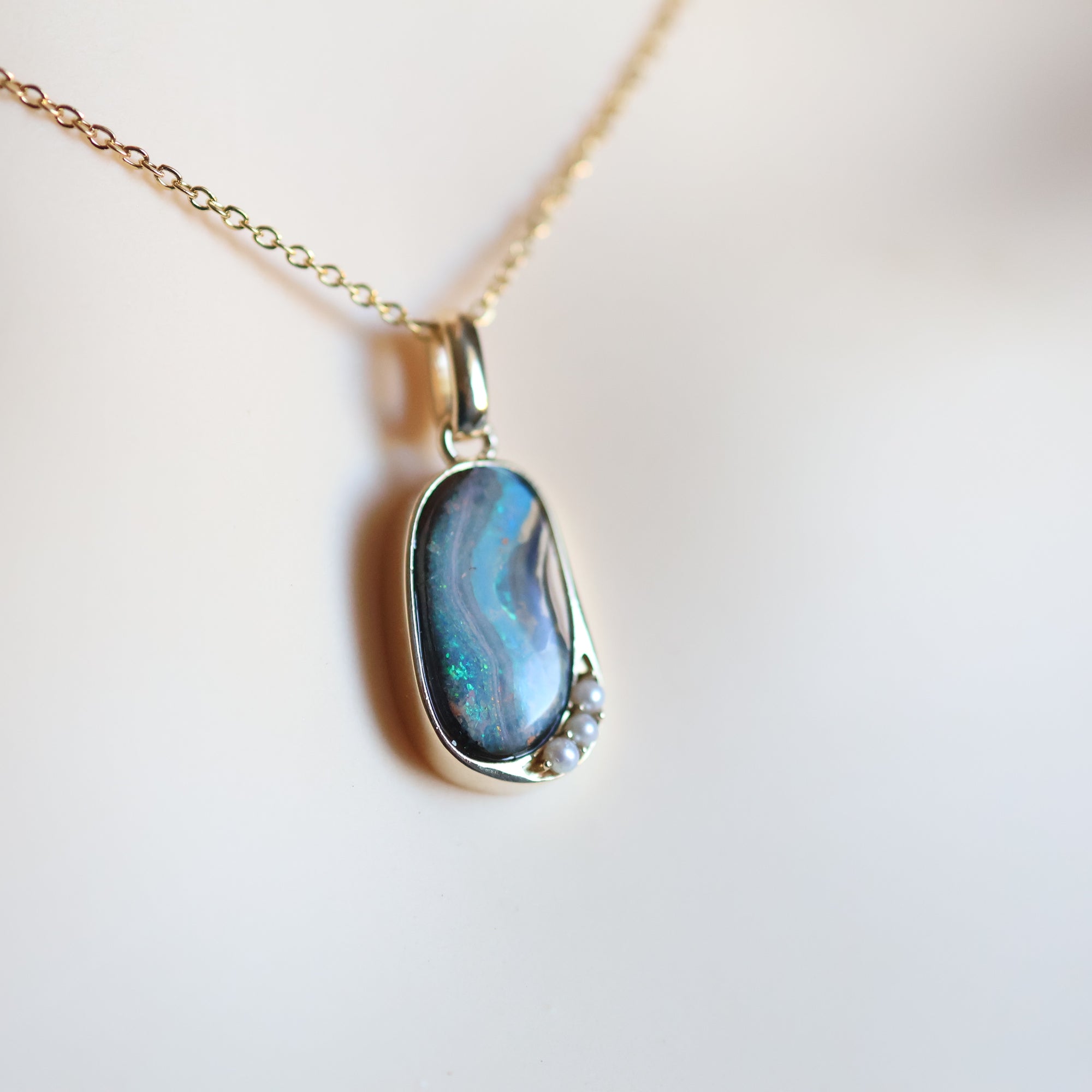 14k Gold River Flow Bluish Violet Boulder Opal & Pearl Pendant