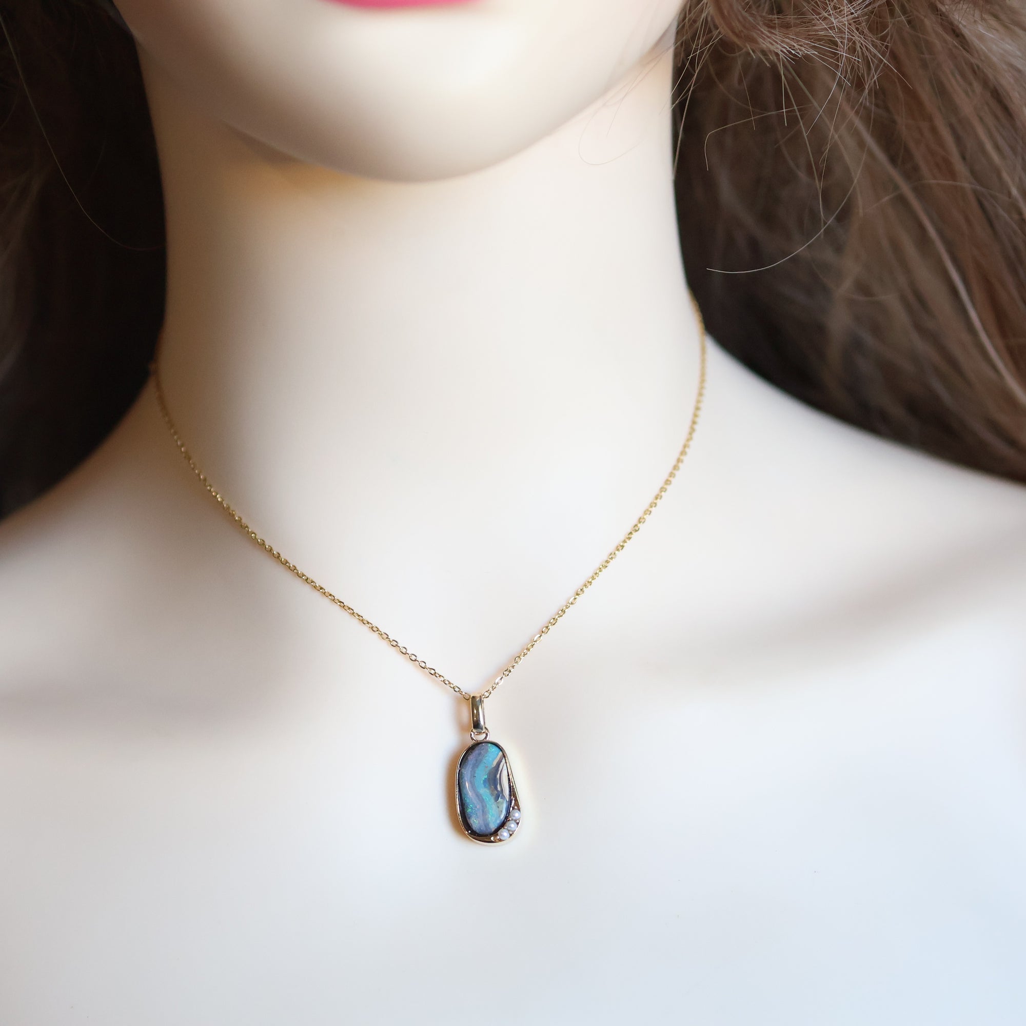 14k Gold River Flow Bluish Violet Boulder Opal & Pearl Pendant