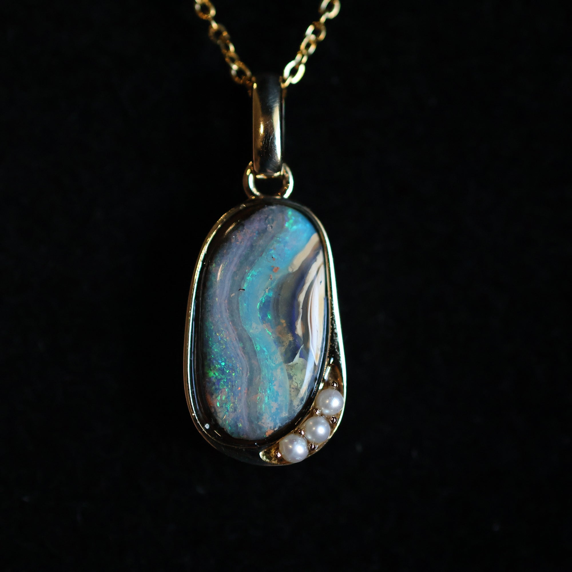 14k Gold River Flow Bluish Violet Boulder Opal & Pearl Pendant