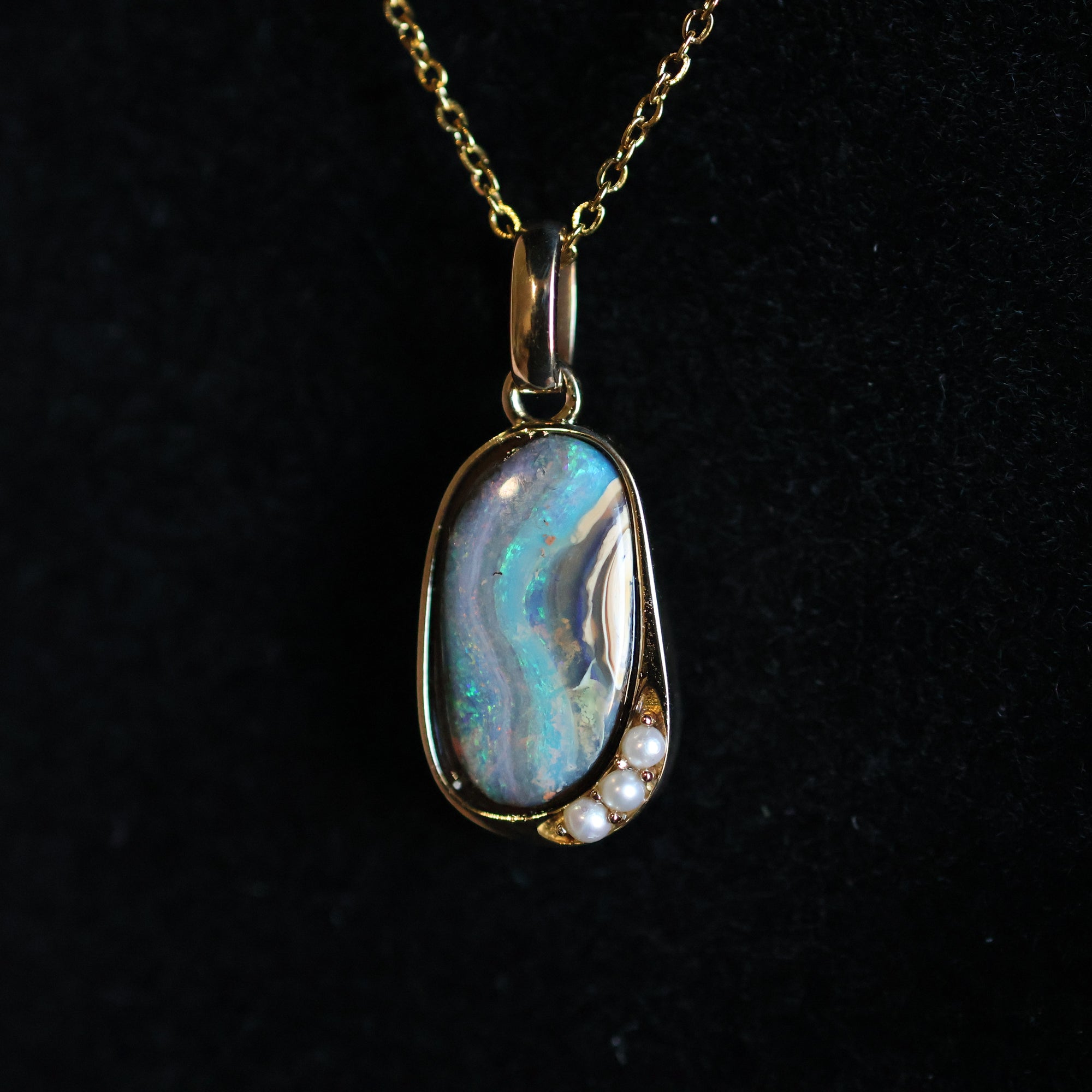 14k Gold River Flow Bluish Violet Boulder Opal & Pearl Pendant