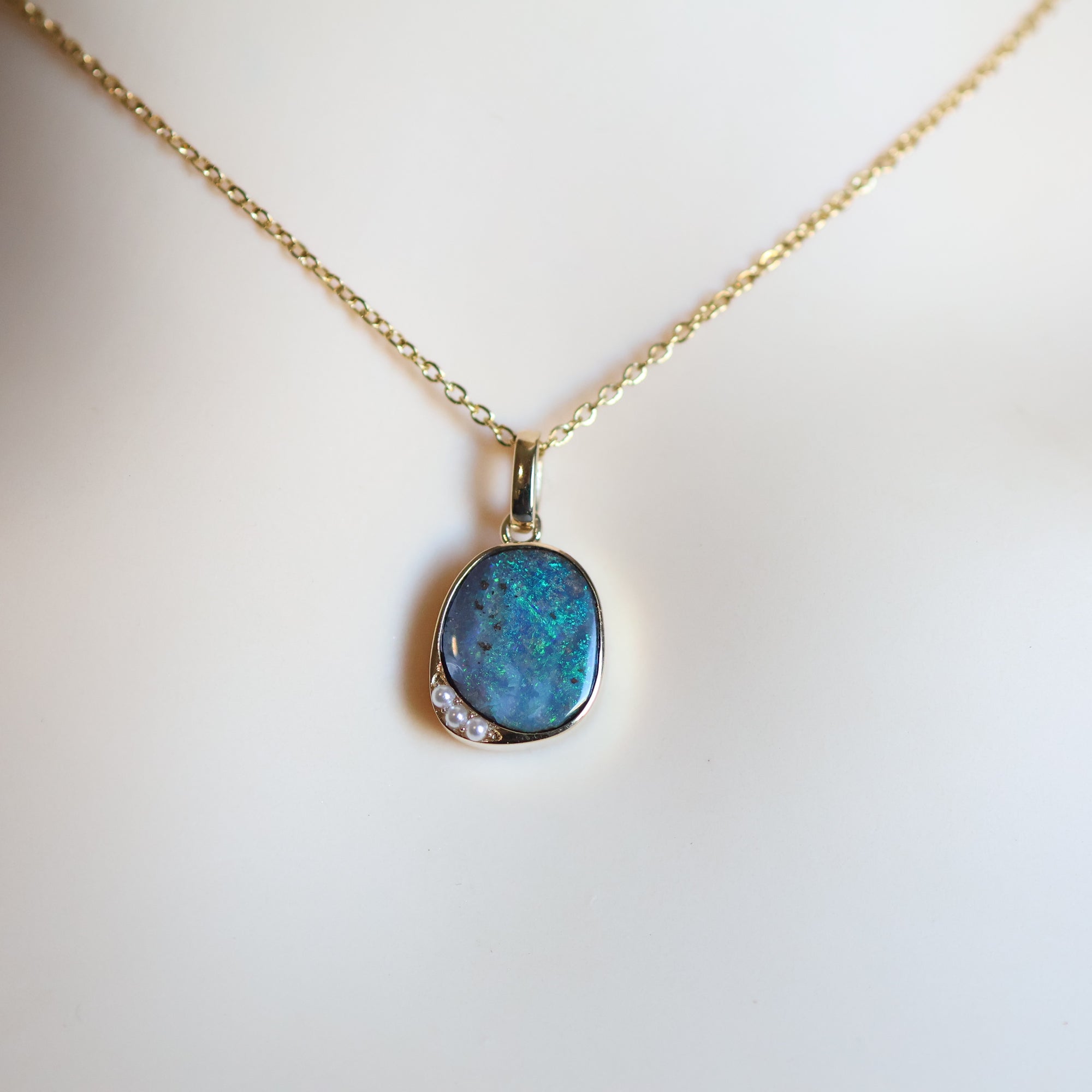 14k Gold Ocean Blue Boulder Opal & Pearl Pendant