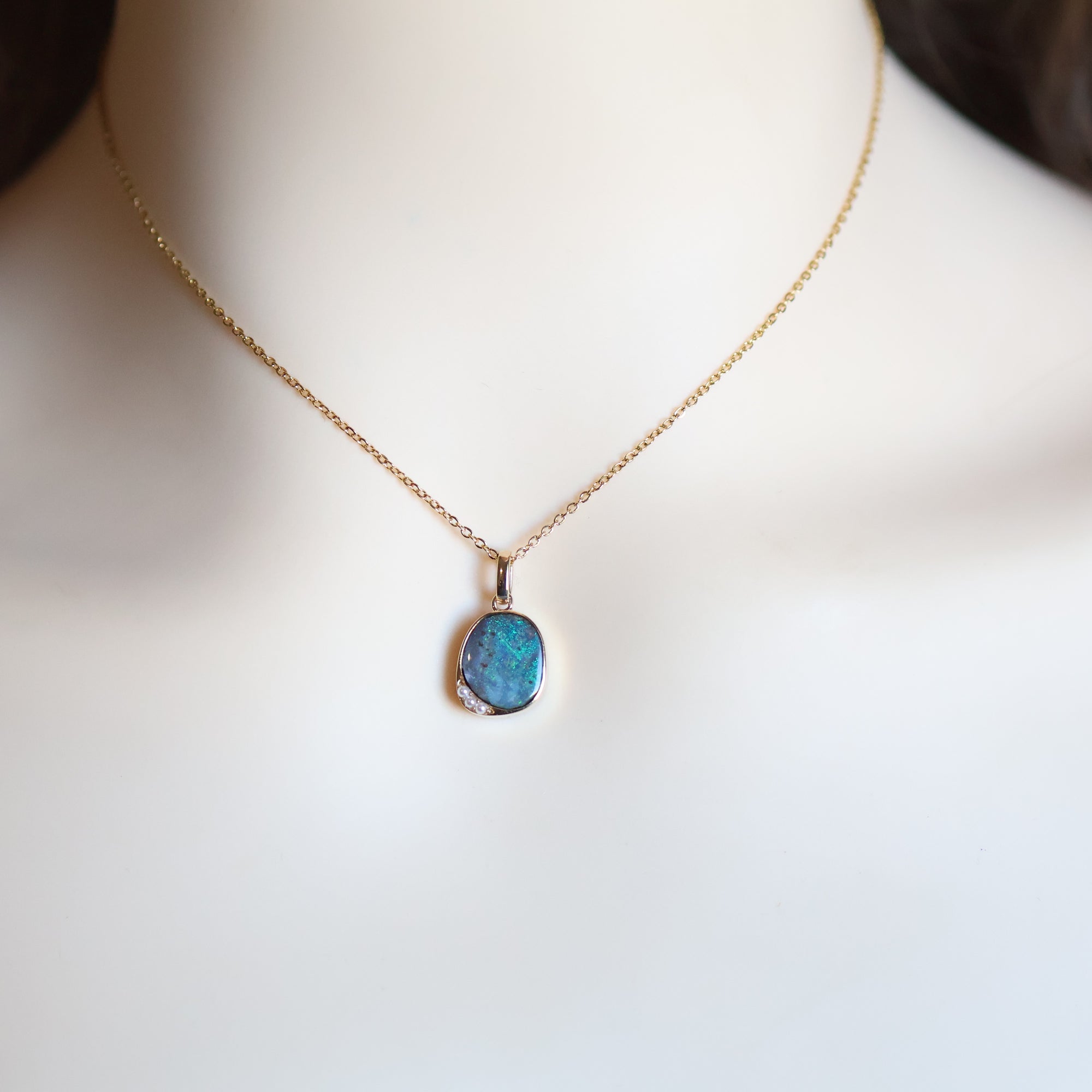 14k Gold Ocean Blue Boulder Opal & Pearl Pendant