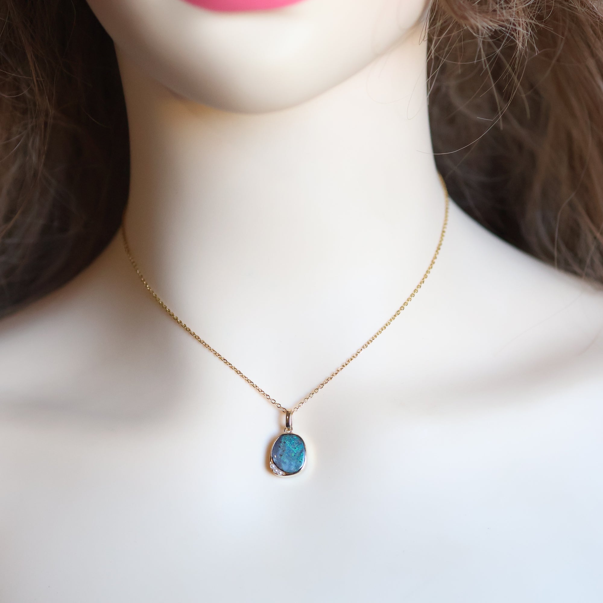 14k Gold Ocean Blue Boulder Opal & Pearl Pendant
