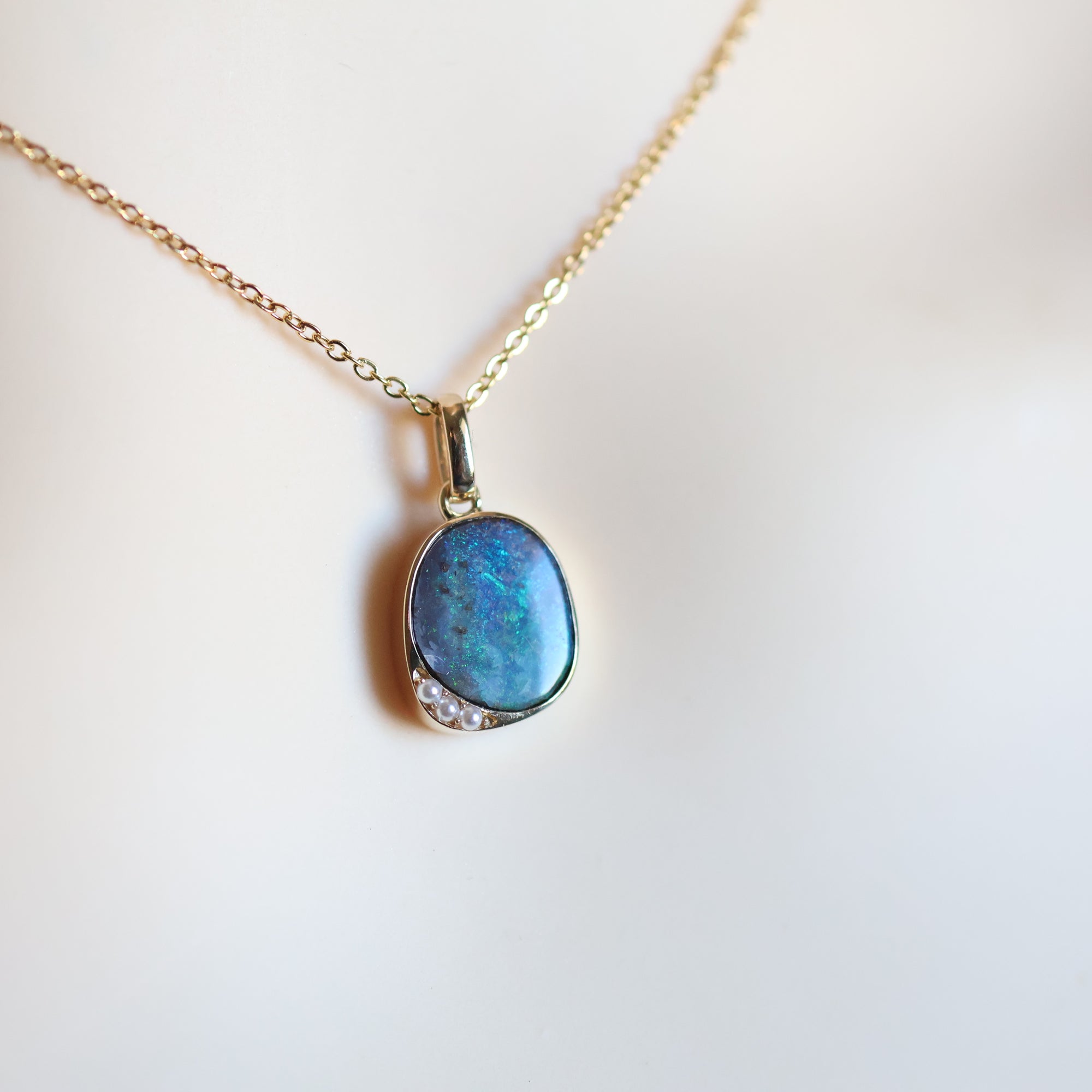 14k Gold Ocean Blue Boulder Opal & Pearl Pendant