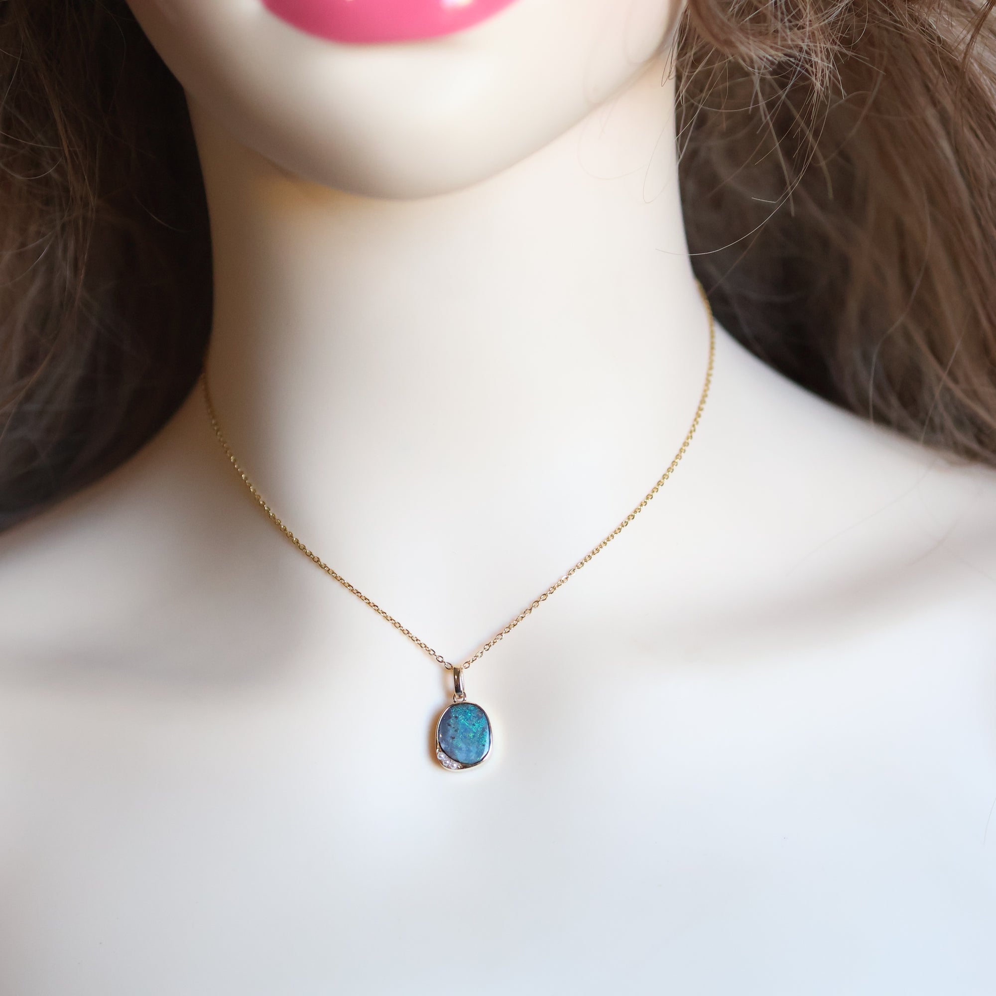 14k Gold Ocean Blue Boulder Opal & Pearl Pendant