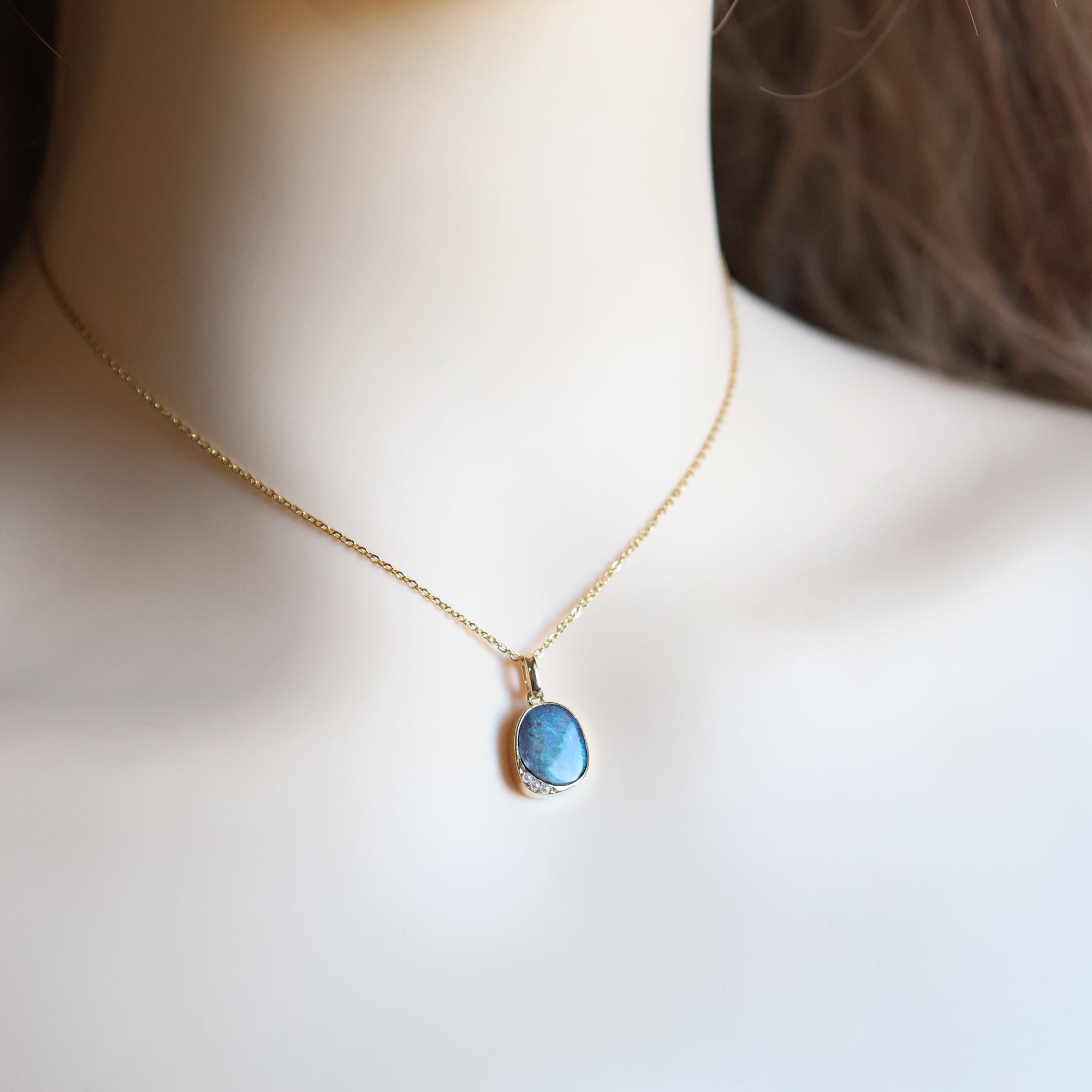 14k Gold Ocean Blue Boulder Opal & Pearl Pendant