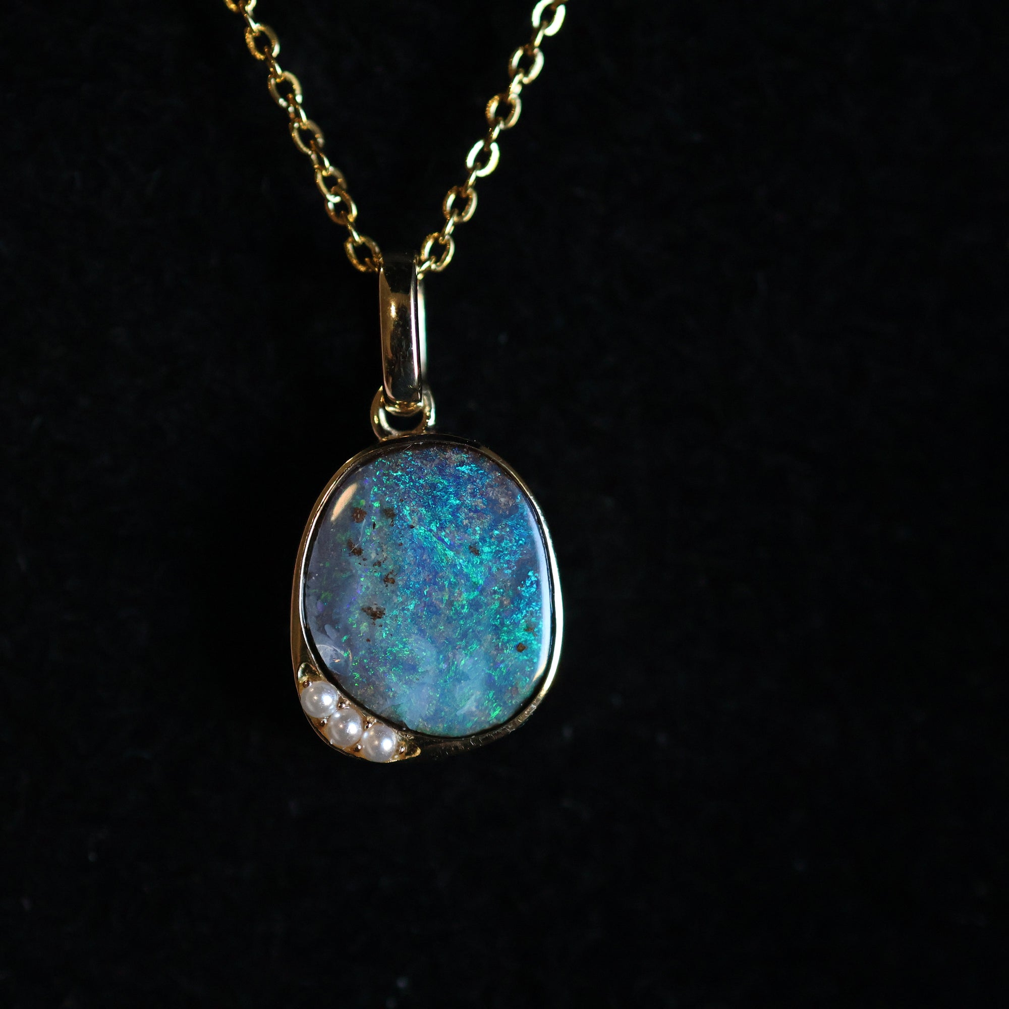 14k Gold Ocean Blue Boulder Opal & Pearl Pendant