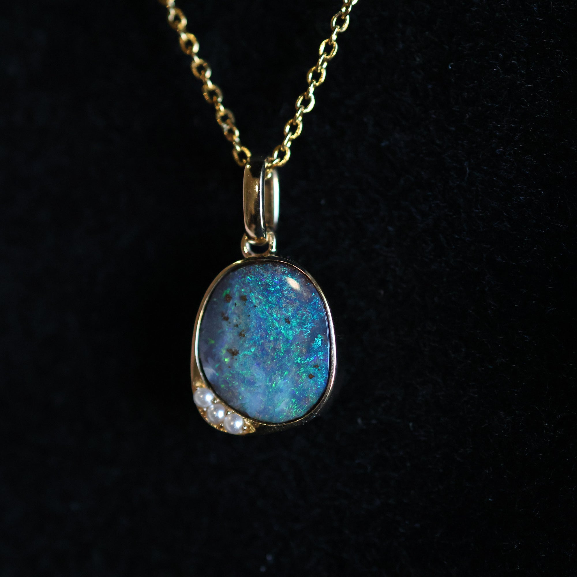 14k Gold Ocean Blue Boulder Opal & Pearl Pendant