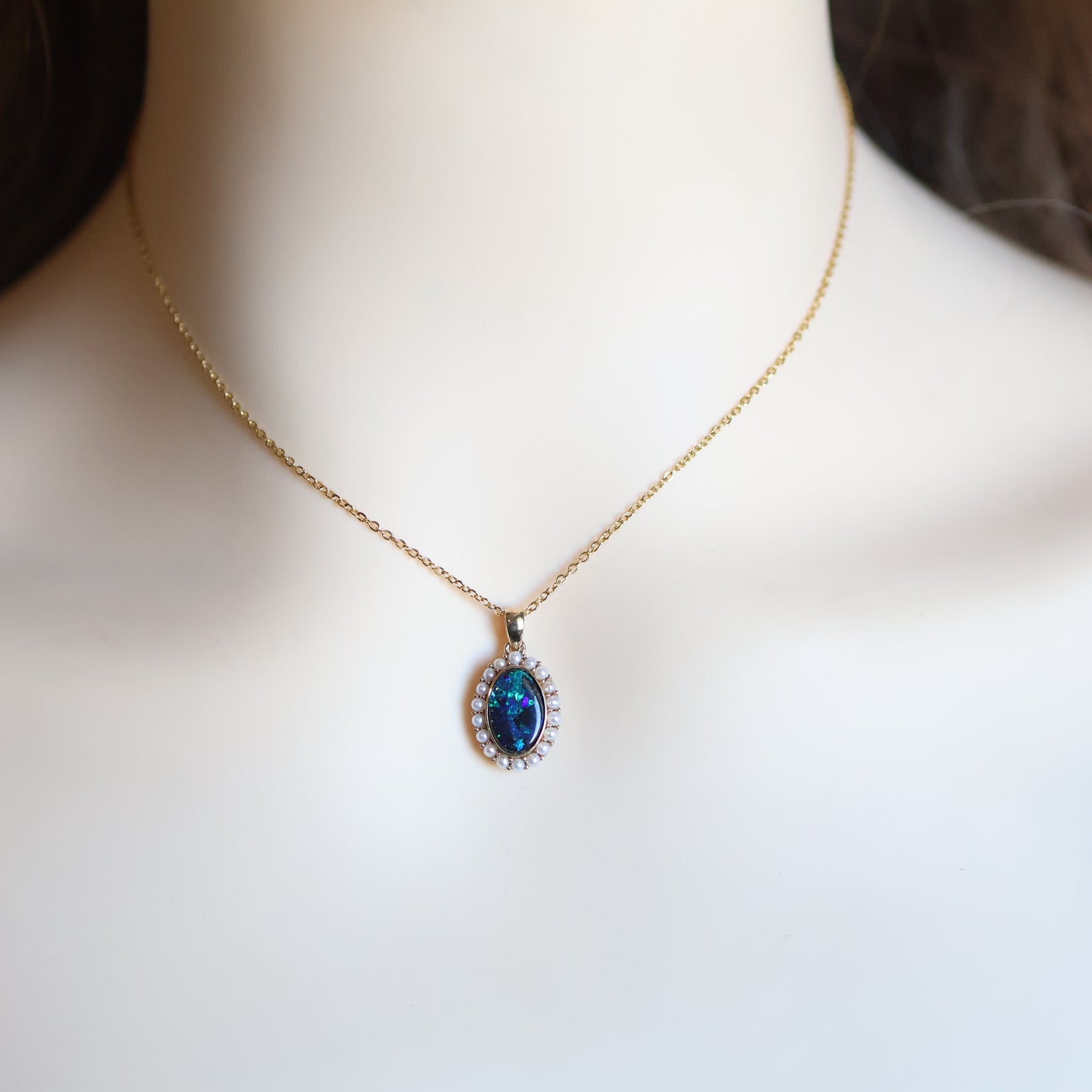 14k Gold Blue-Green Boulder Opal & Natural Freshwater Pearl Pendant