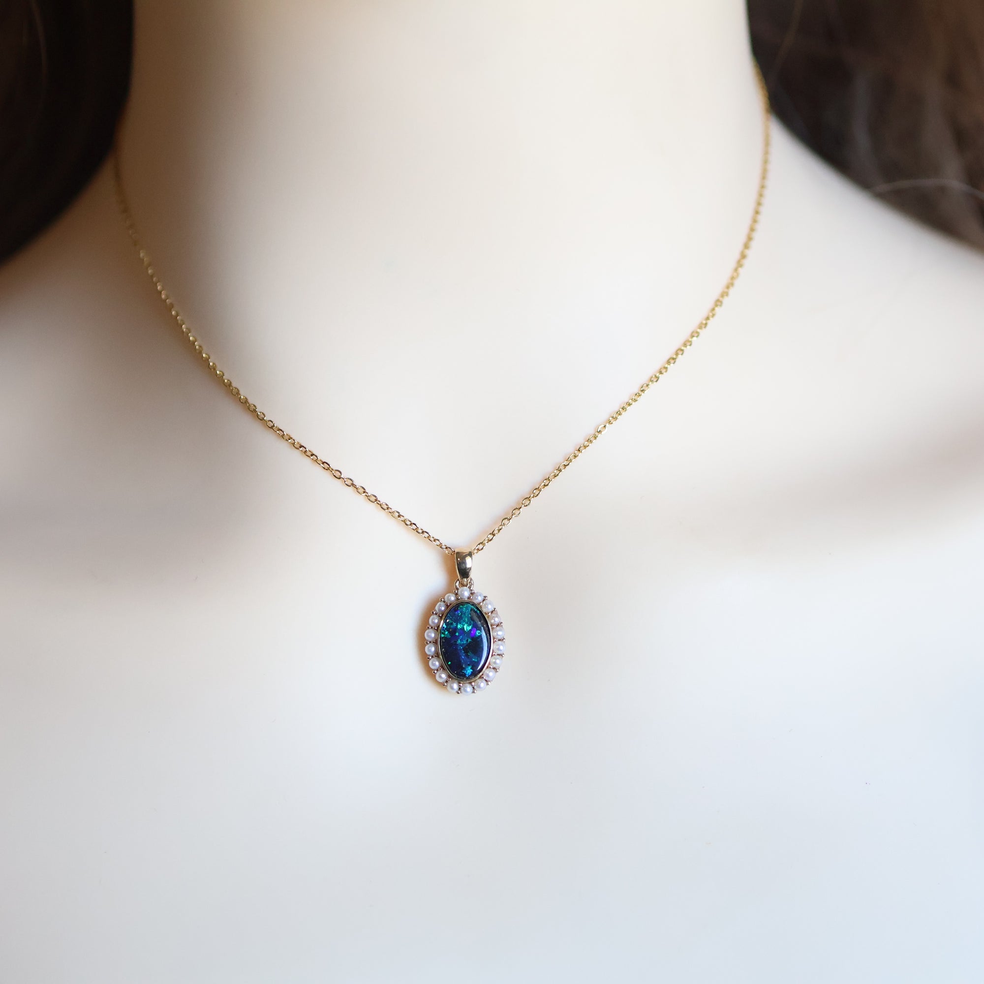 14k Gold Blue-Green Boulder Opal & Natural Freshwater Pearl Pendant
