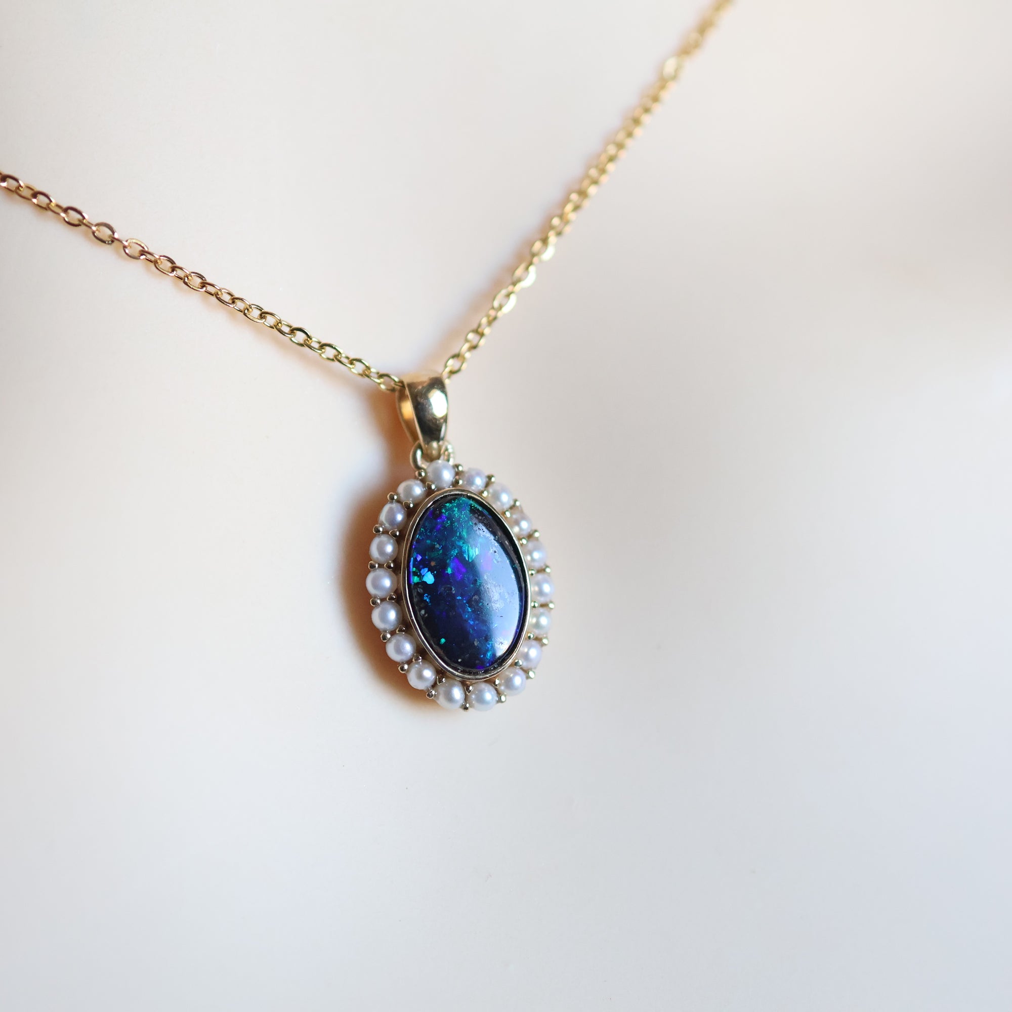 14k Gold Blue-Green Boulder Opal & Natural Freshwater Pearl Pendant
