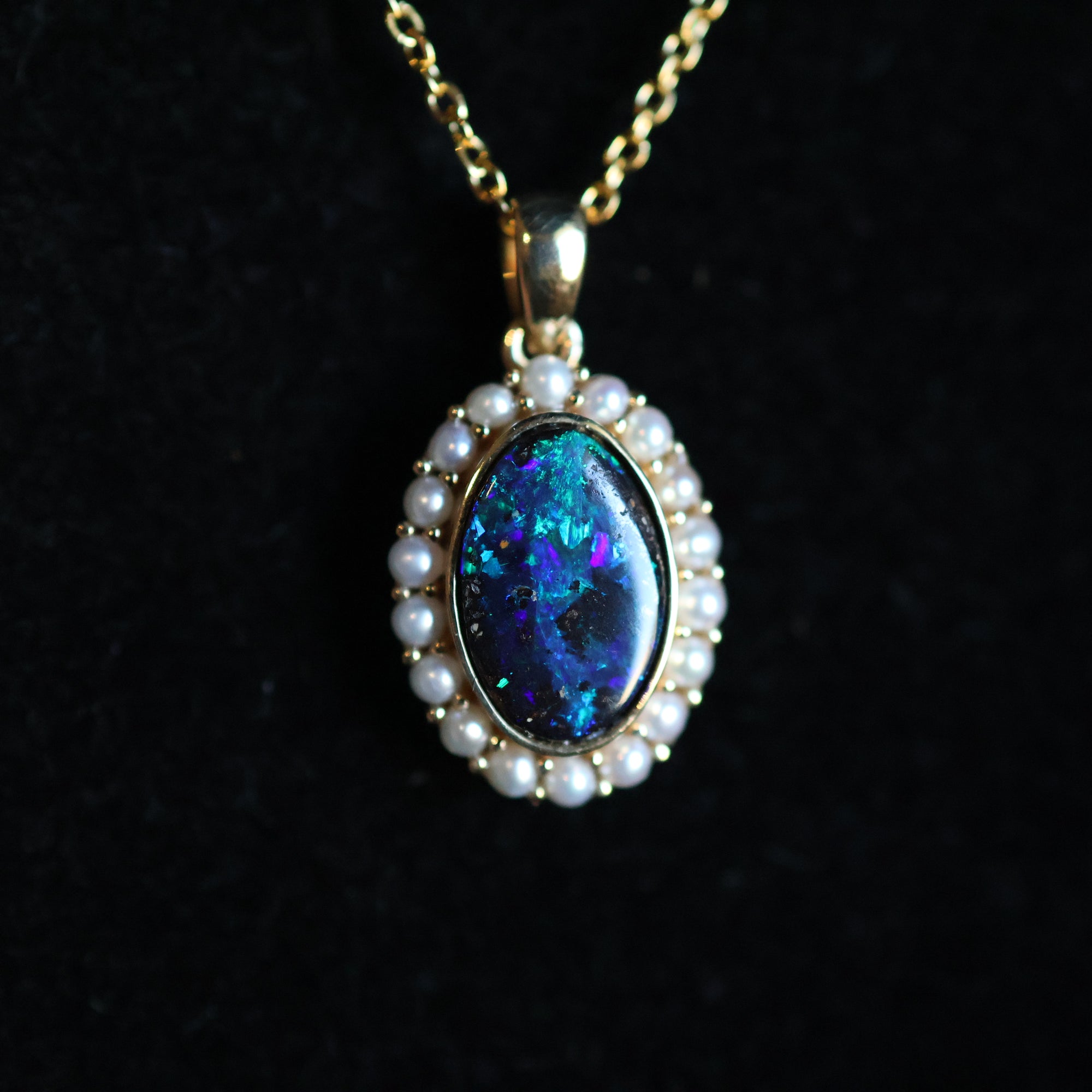 14k Gold Blue-Green Boulder Opal & Natural Freshwater Pearl Pendant