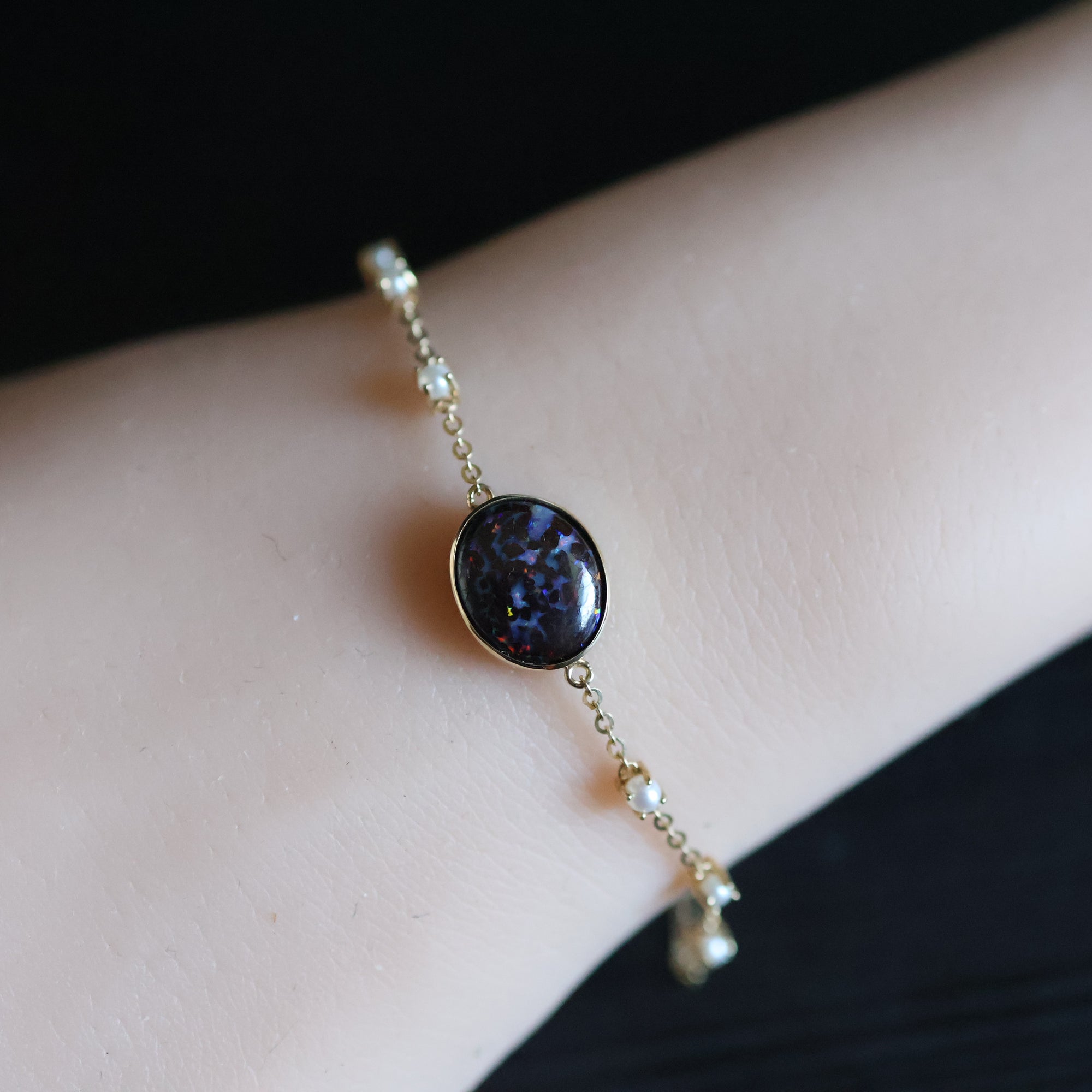 14k Gold Violet Boulder Opal Natural Pearl Bracelet
