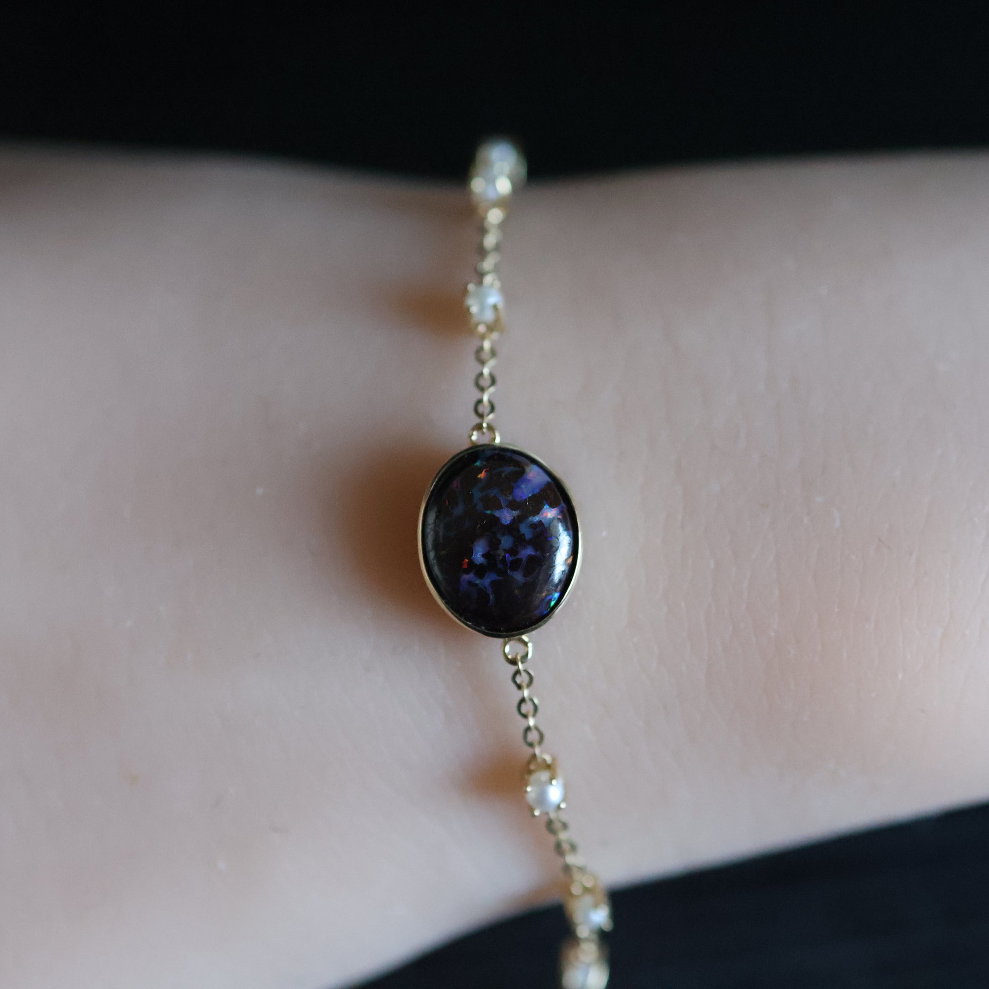 14k Gold Violet Boulder Opal Natural Pearl Bracelet