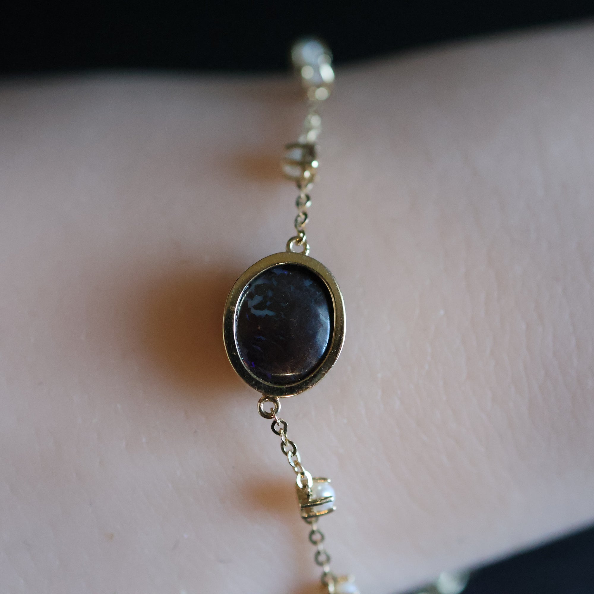 14k Gold Violet Boulder Opal Natural Pearl Bracelet