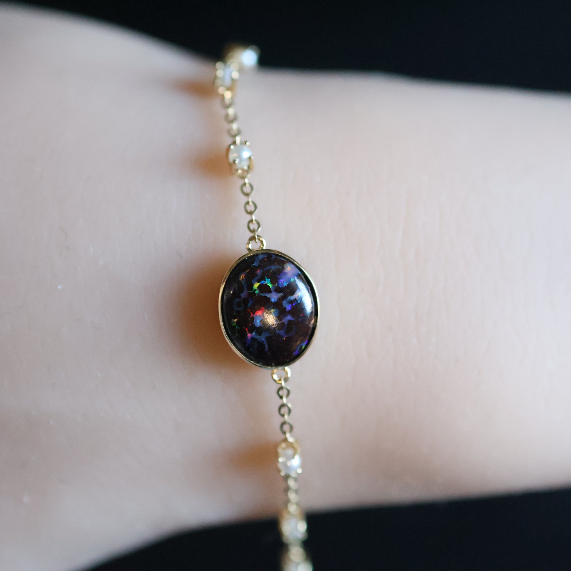 14k Gold Violet Boulder Opal Natural Pearl Bracelet