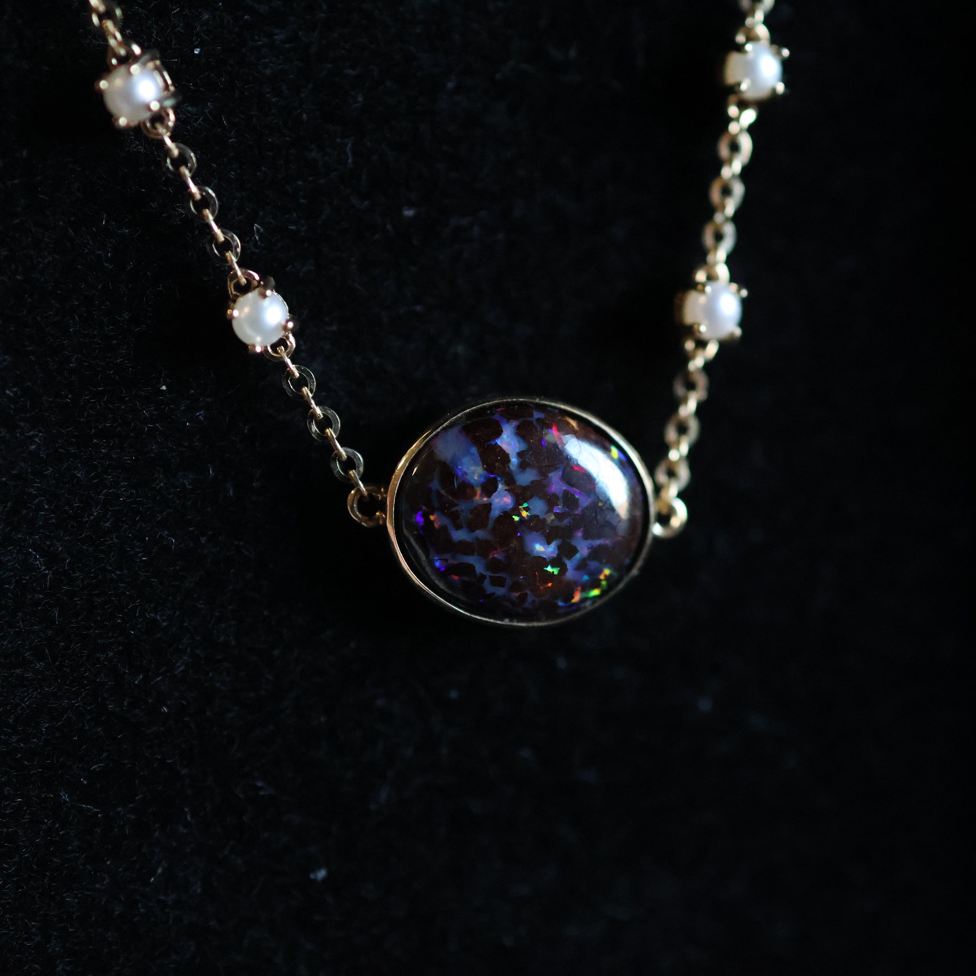 14k Gold Violet Boulder Opal Natural Pearl Bracelet
