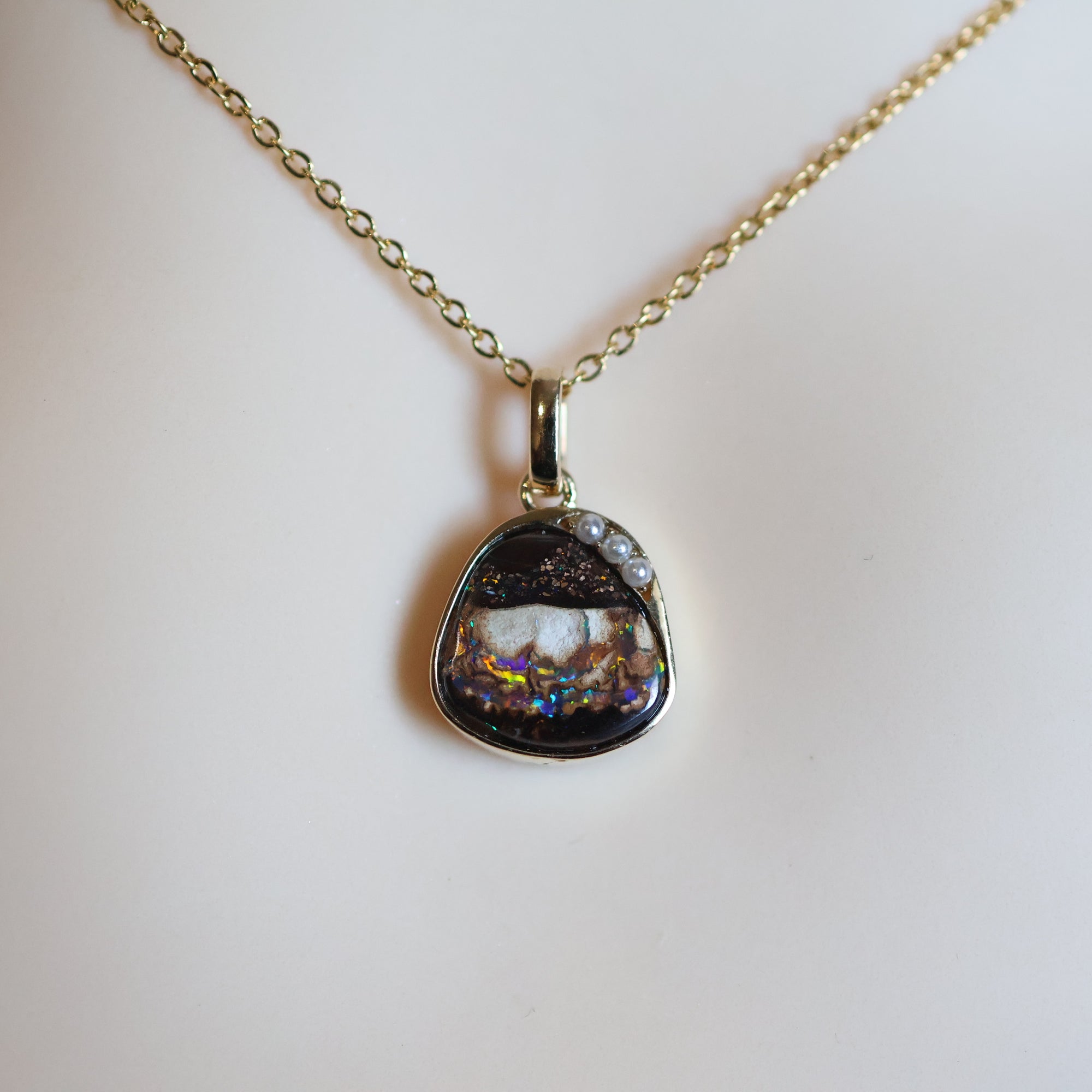 14k Gold Black-Brown Boulder Opal & Pearl Pendant