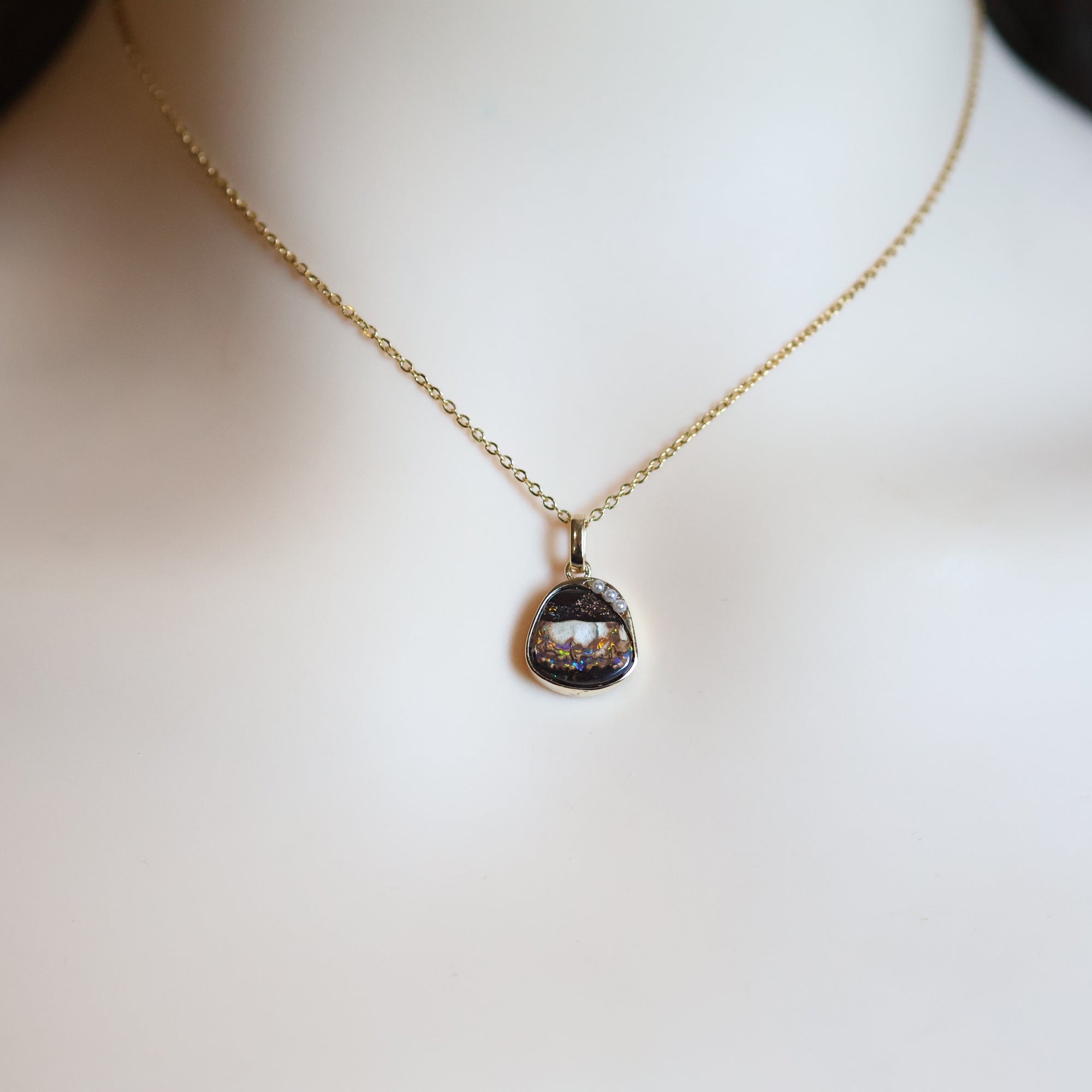 14k Gold Black-Brown Boulder Opal & Pearl Pendant