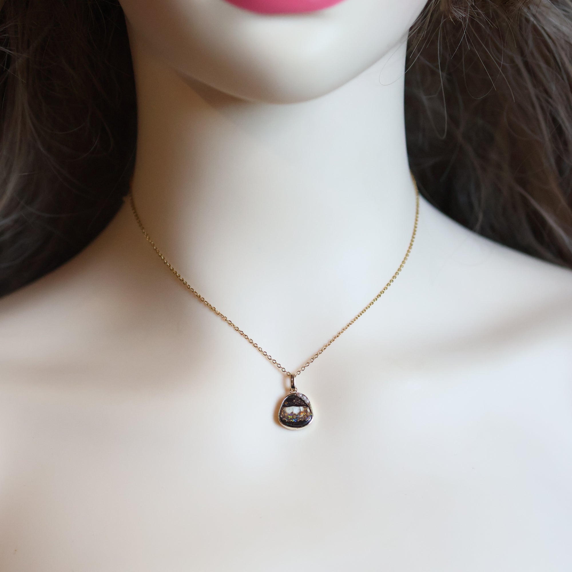 14k Gold Black-Brown Boulder Opal & Pearl Pendant