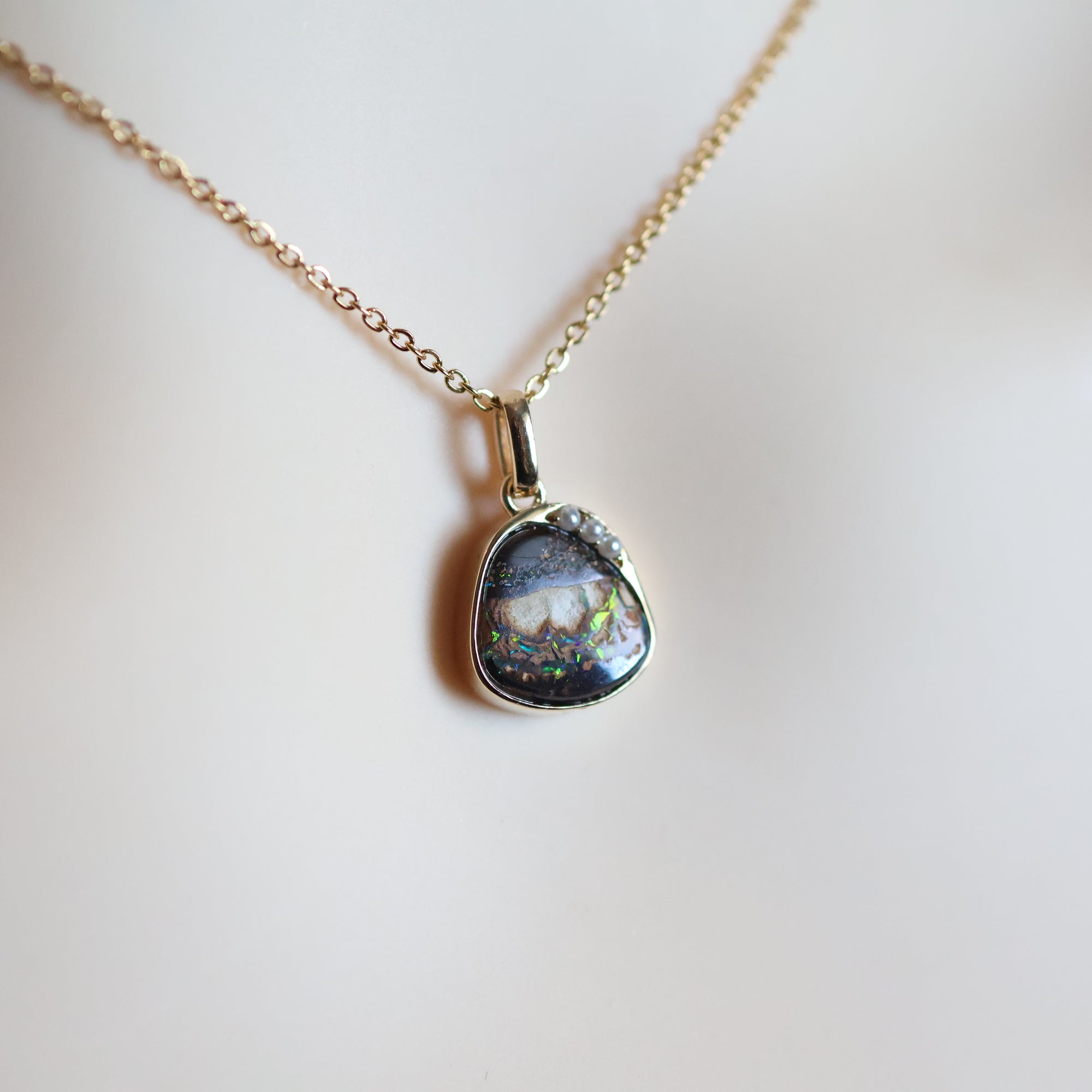 14k Gold Black-Brown Boulder Opal & Pearl Pendant