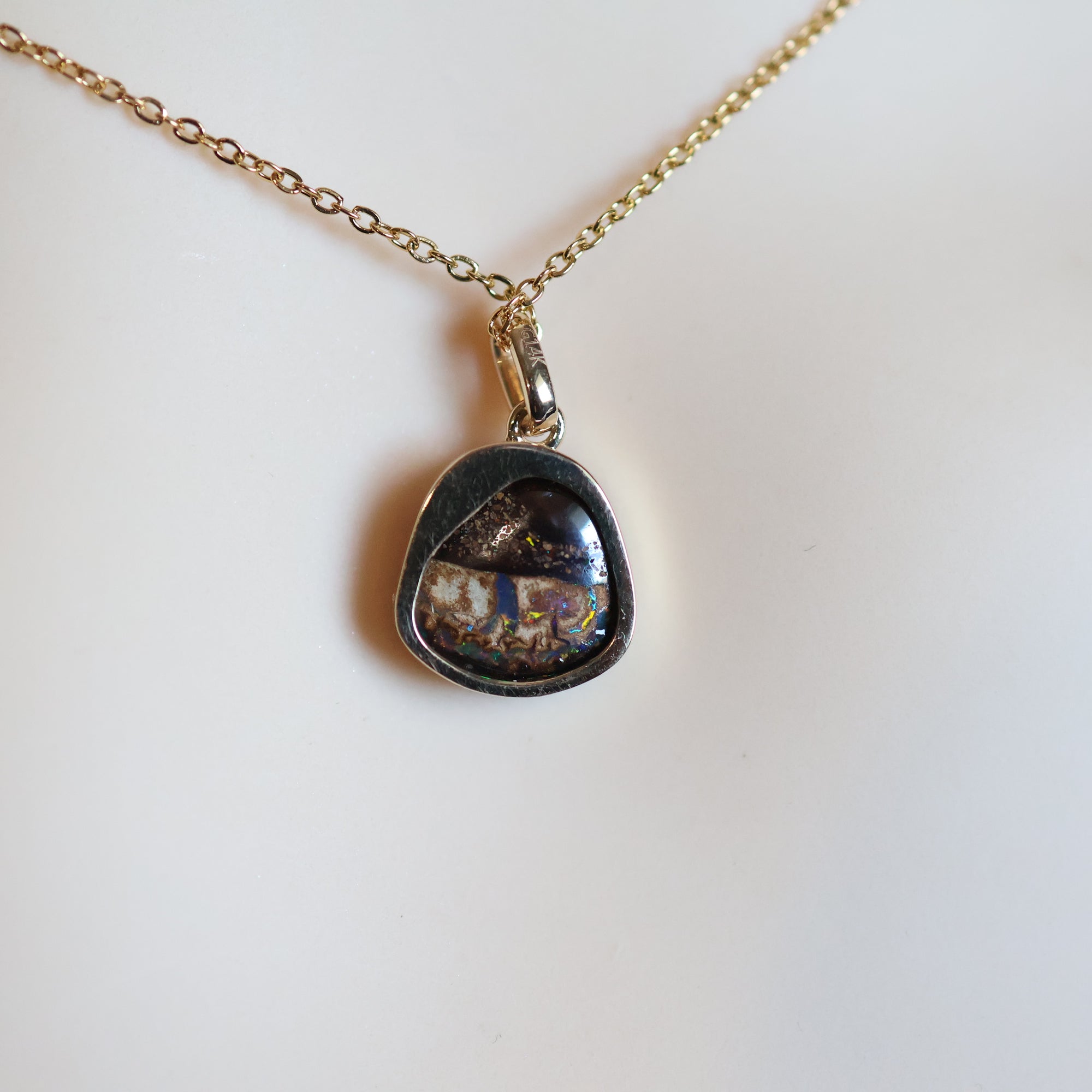 14k Gold Black-Brown Boulder Opal & Pearl Pendant