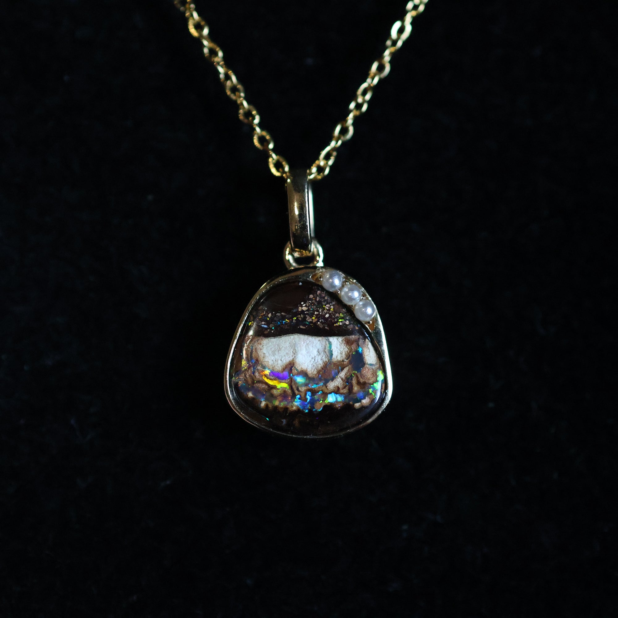 14k Gold Black-Brown Boulder Opal & Pearl Pendant